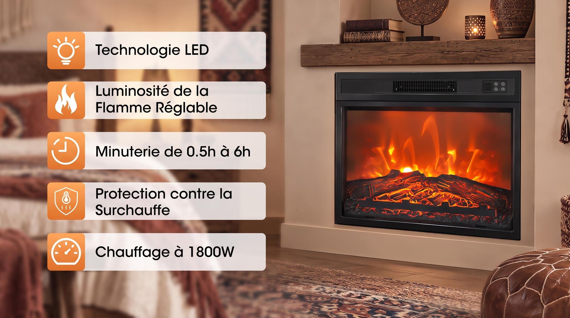 Parrot Uncle 23" Insert Cheminée électrique noire avec télécommande