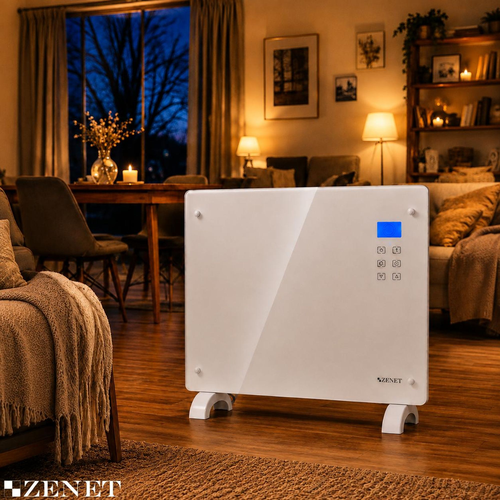 ZENET ZET-526 Glaskonvektor 1500 W Weiß | Elektroheizung mit Thermostat, Fernbedienung & Timer | Wand- oder Standheizung bis 30 m²