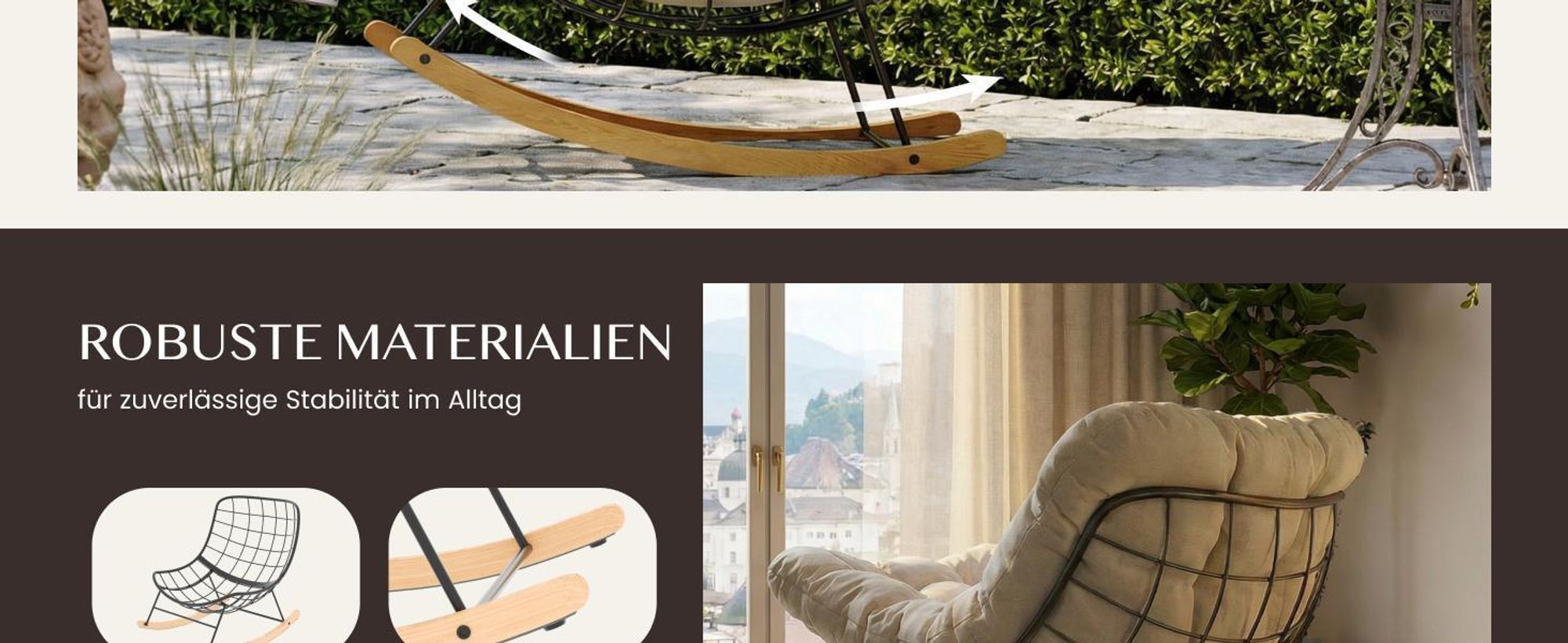 FLEXISPOT 2er Set Gartenstühle Schaukelsessel & Loungesessel mit Kissen, stabilem Metallrahmen, ideal für Balkon, Terrasse, Garten & Wohnzimmer, Beige