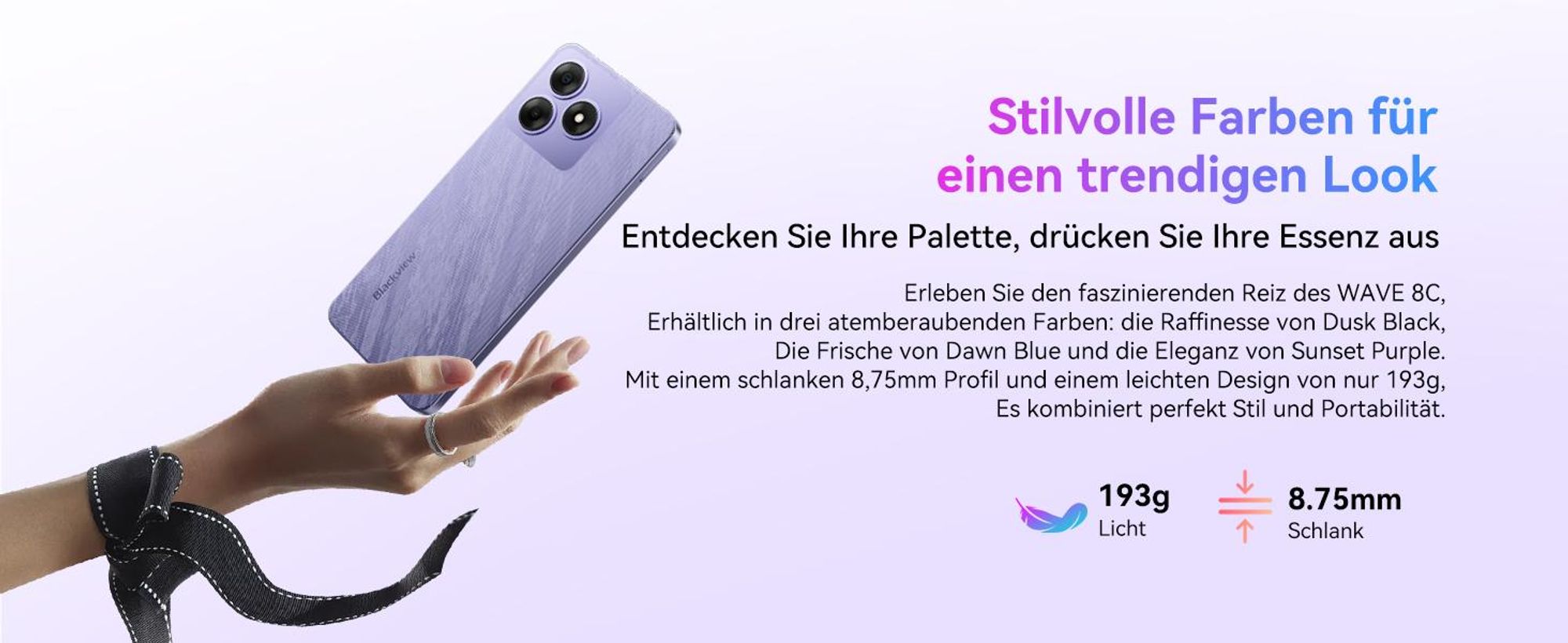 Blackview Wave 8C  6.56"  Handy Ohne Vertrag, 6GB+64GB, Dual SIM, 4700mAh, Face ID, 13MP+ 8MP Kamera, 4G, Sunset Purple