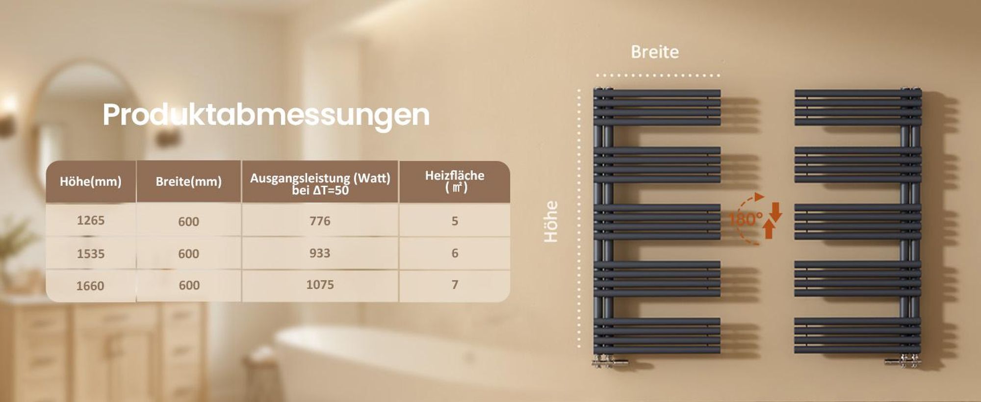 EMKE Badheizkörper Seitenanschluss Anthrazit Rundrohr 126.5 × 60 cm 776 W Handtuchwärmer Bad für Warmwasserbetrieb Wandmontage ohne Heizstab