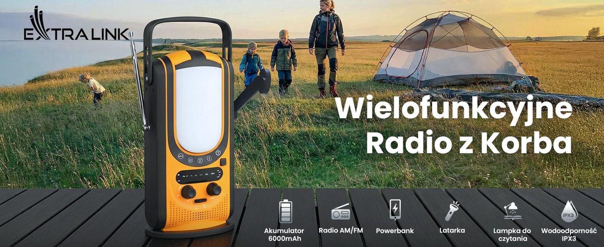 Extralink Radio Awaryjne Solarne 6000mAh, Dynamo, Powerbank, Latarka SOS