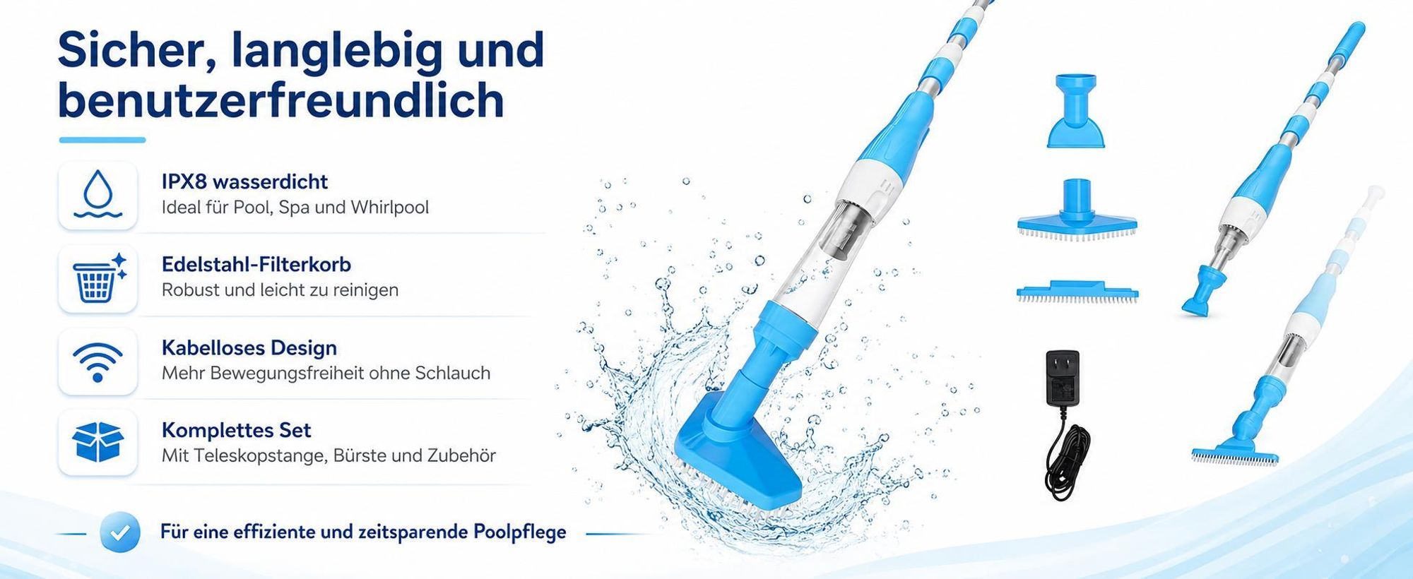 3-in-1 Kabelloser Poolsauger Akku 90 Min Laufzeit, Teleskopstange & Bürste, Mit Filterelement Sonstiges Poolzubehör, für Sand und Schmutz, 0.23L, Blau