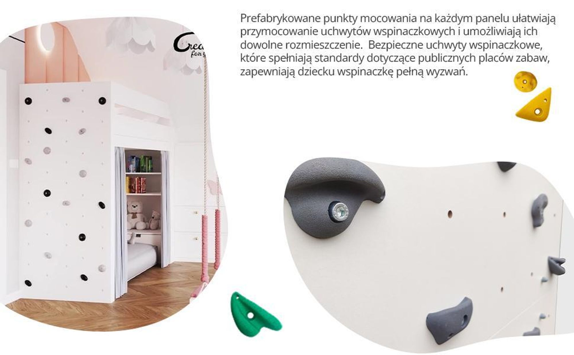 Create for you® – Ścianka Wspinaczkowa, 3x Panel 150 x 100 cm, 15 Szarych Chwytów