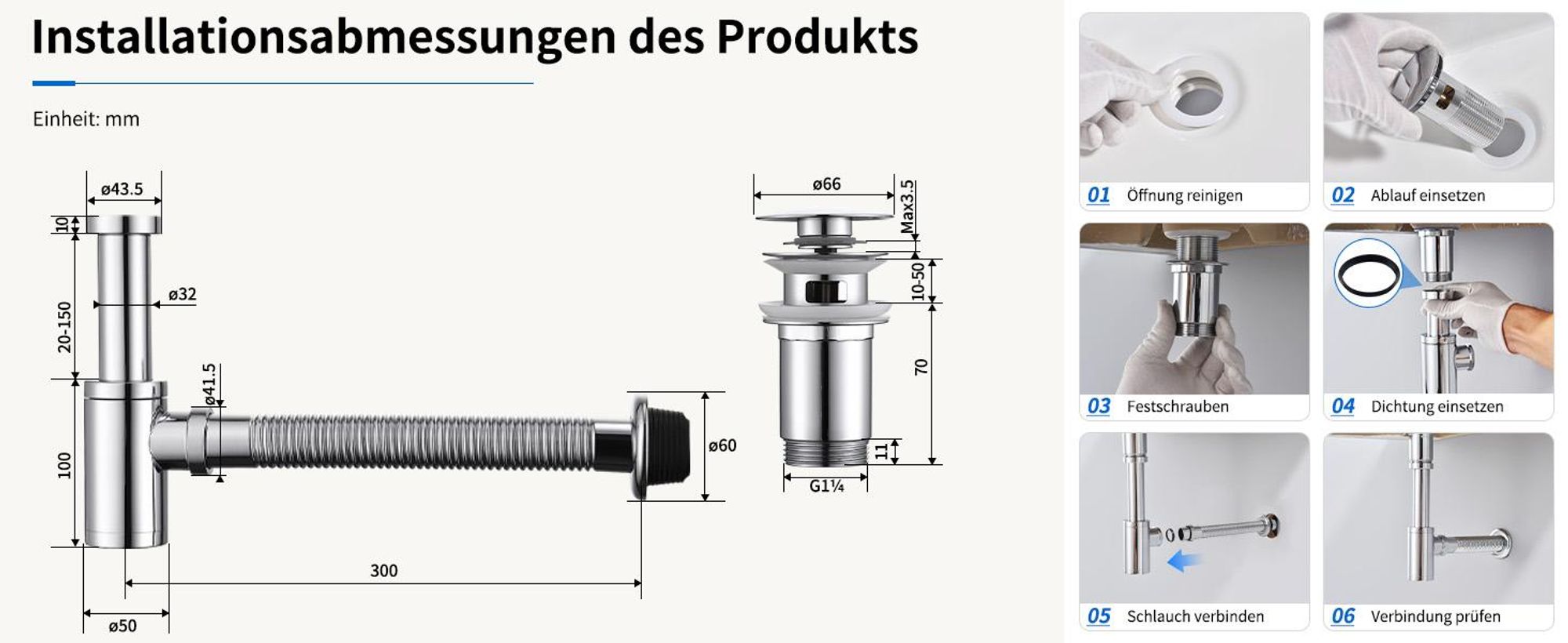 Siphon Pop Up Ablaufgarnitur mit Überlauf Universal Röhrensiphon Set für Waschbecken Waschtisch Bad Geruchsverschluss Stöpsel Abfluss Garnitur Chrom