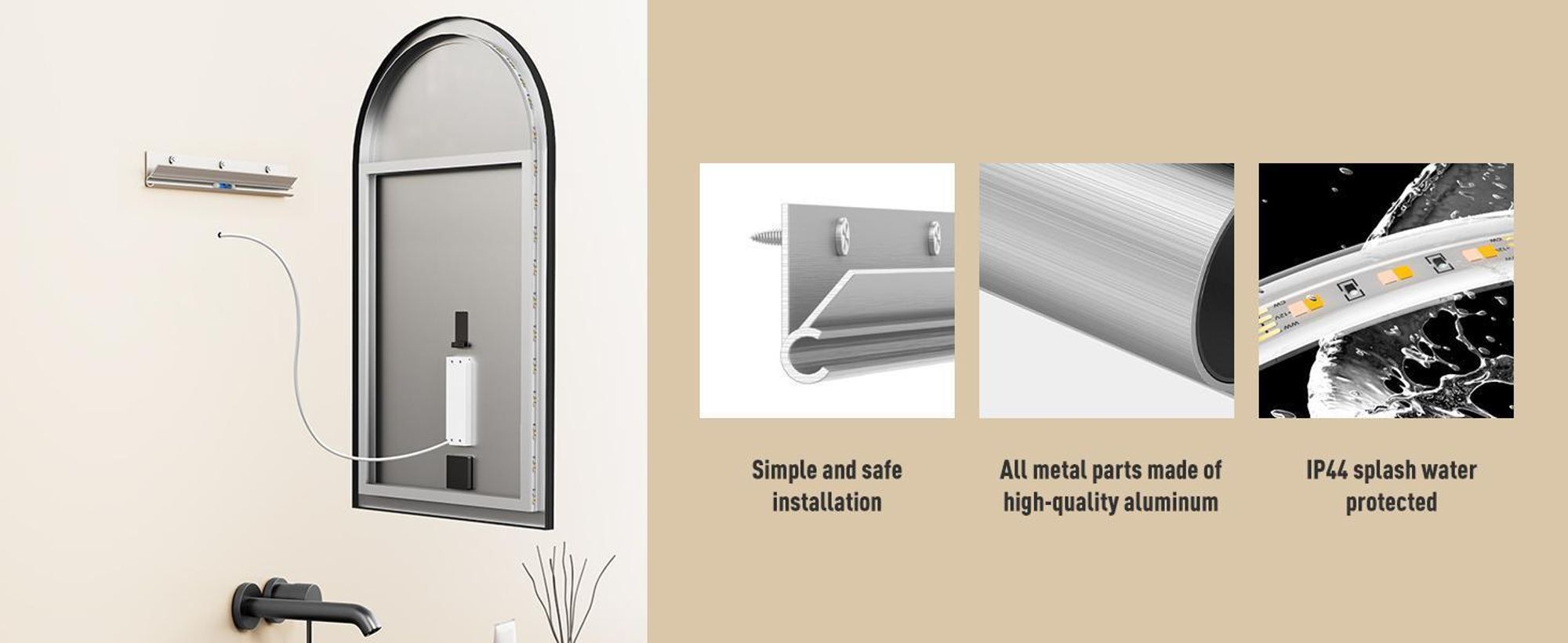 HOKO Miroir de salle de bain arc LED 60x100cm avec cadre métallique, montage HAUT+QUI, miroir lumineux Arch+interrupteur tactile+lumière changeant 2700-6500K, blanc chaud-froid