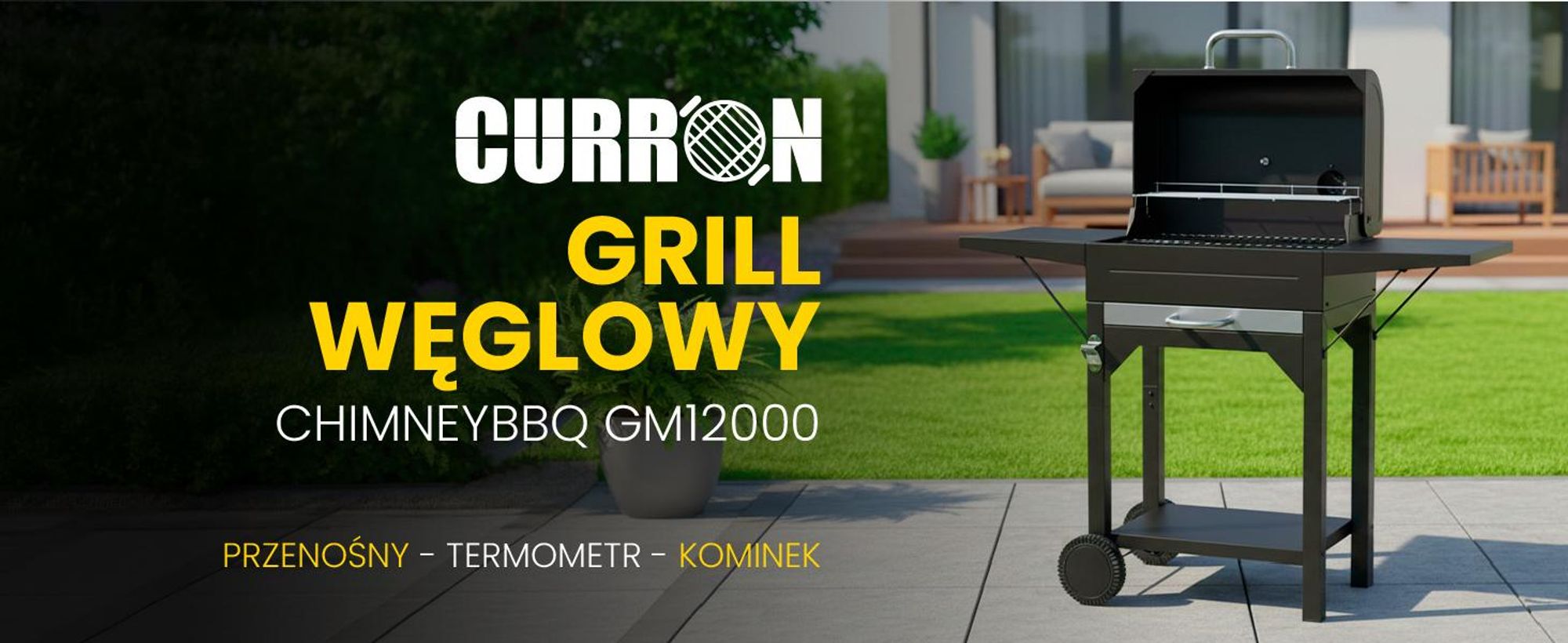 Duży grill węglowy z pokrywą, kominem i termometrem do ogrodu