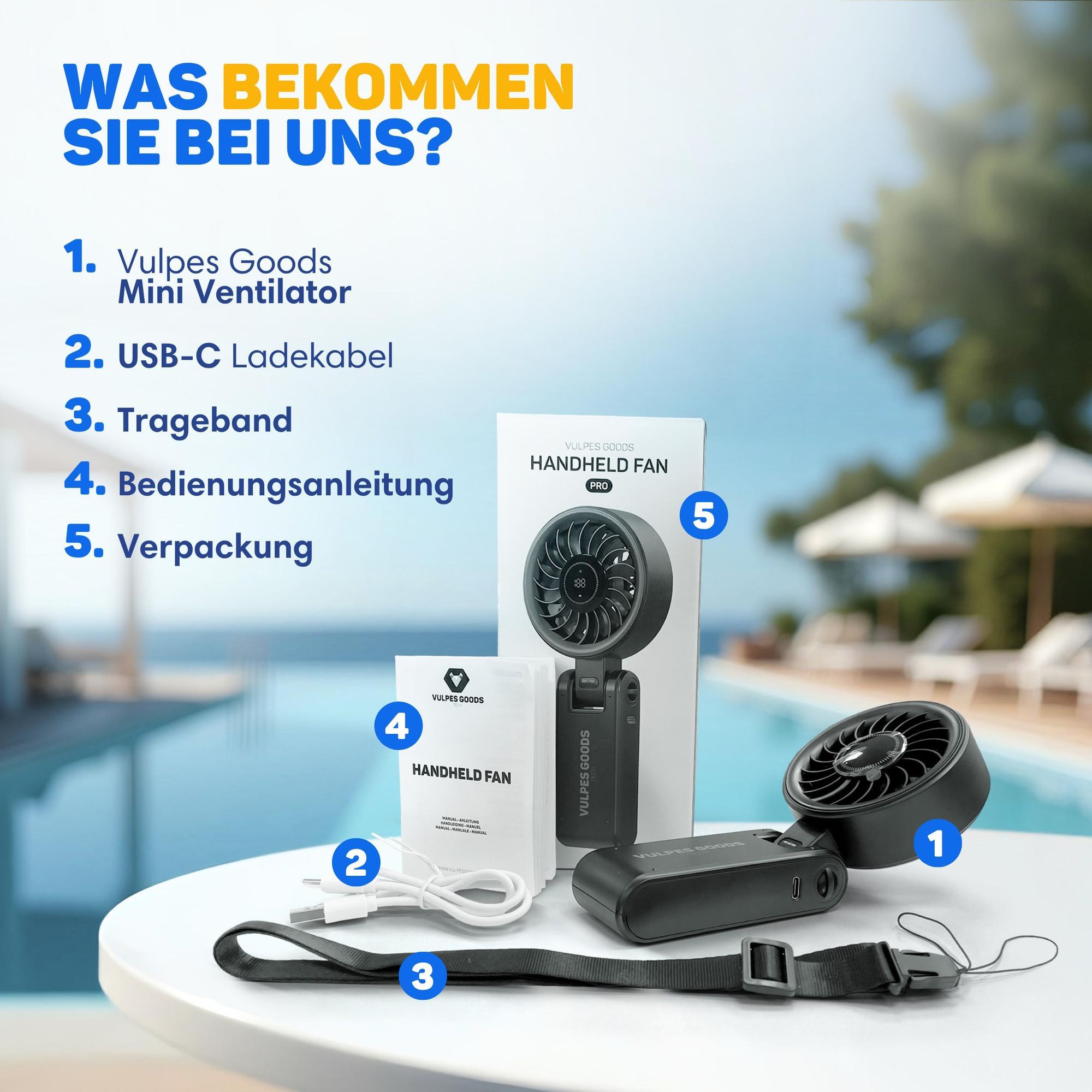 Vulpes Goods Handventilator PRO 3-in-1, wiederaufladbar & tragbar, kabelloser Mini-USB-Ventilator, leistungsstarker Motor, faltbares Design