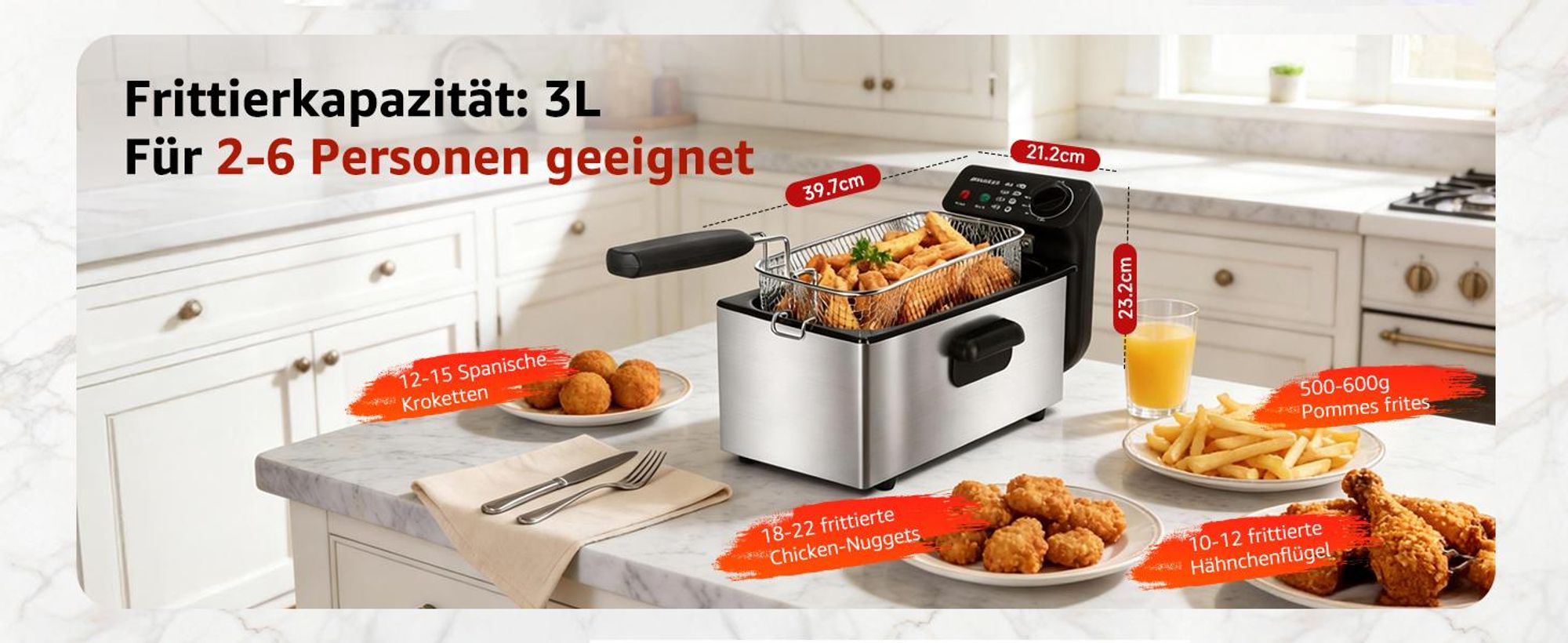 Aigostar - Semi-professionelle Fritteuse, Edelstahl, 2200W, 3L, Transparenter Deckel, Herausnehmbare Innenpfanne, Einstellbarer Thermostat