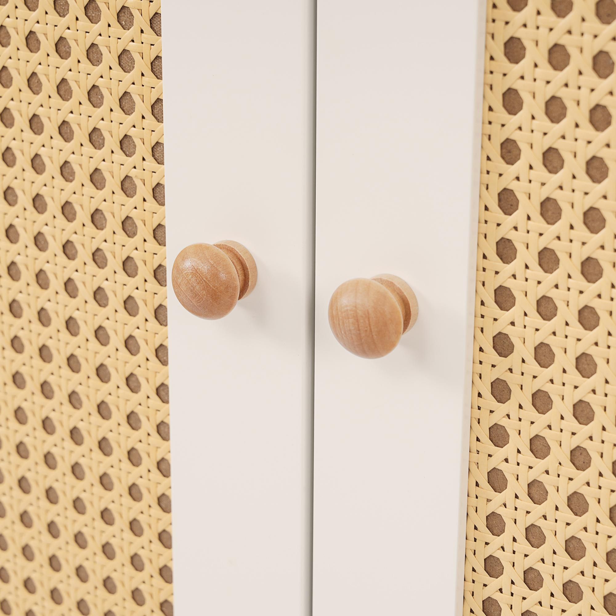 Flieks Kleiderschrank Garderobenschränke mit Kleiderstange, Garderobe mit Schublade und höhenverstellbaren Regalen, Rattan 2-türig Schrank, Weiß