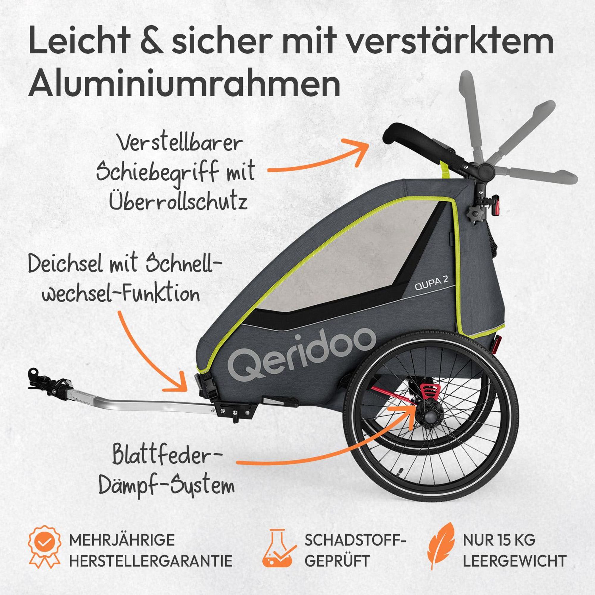 Qeridoo QUPA 2 - Kinderfahrradanhänger für 2 Kinder, Farbe: Lime