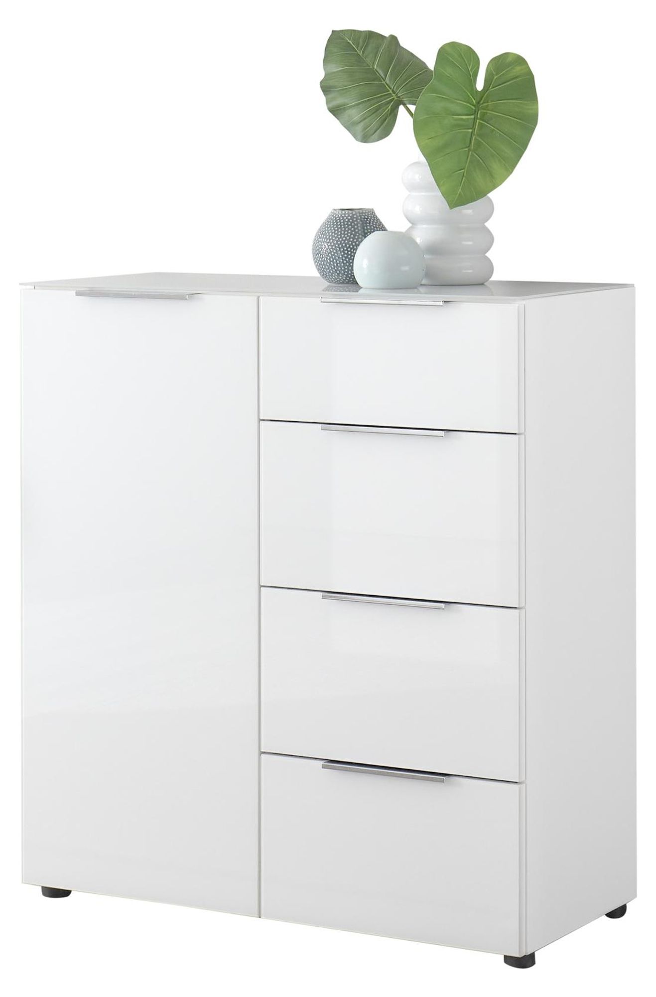 Kommode Sean in Weiß mit Glasfront – Sideboard mit viel Stauraum und Softclose-Komfort