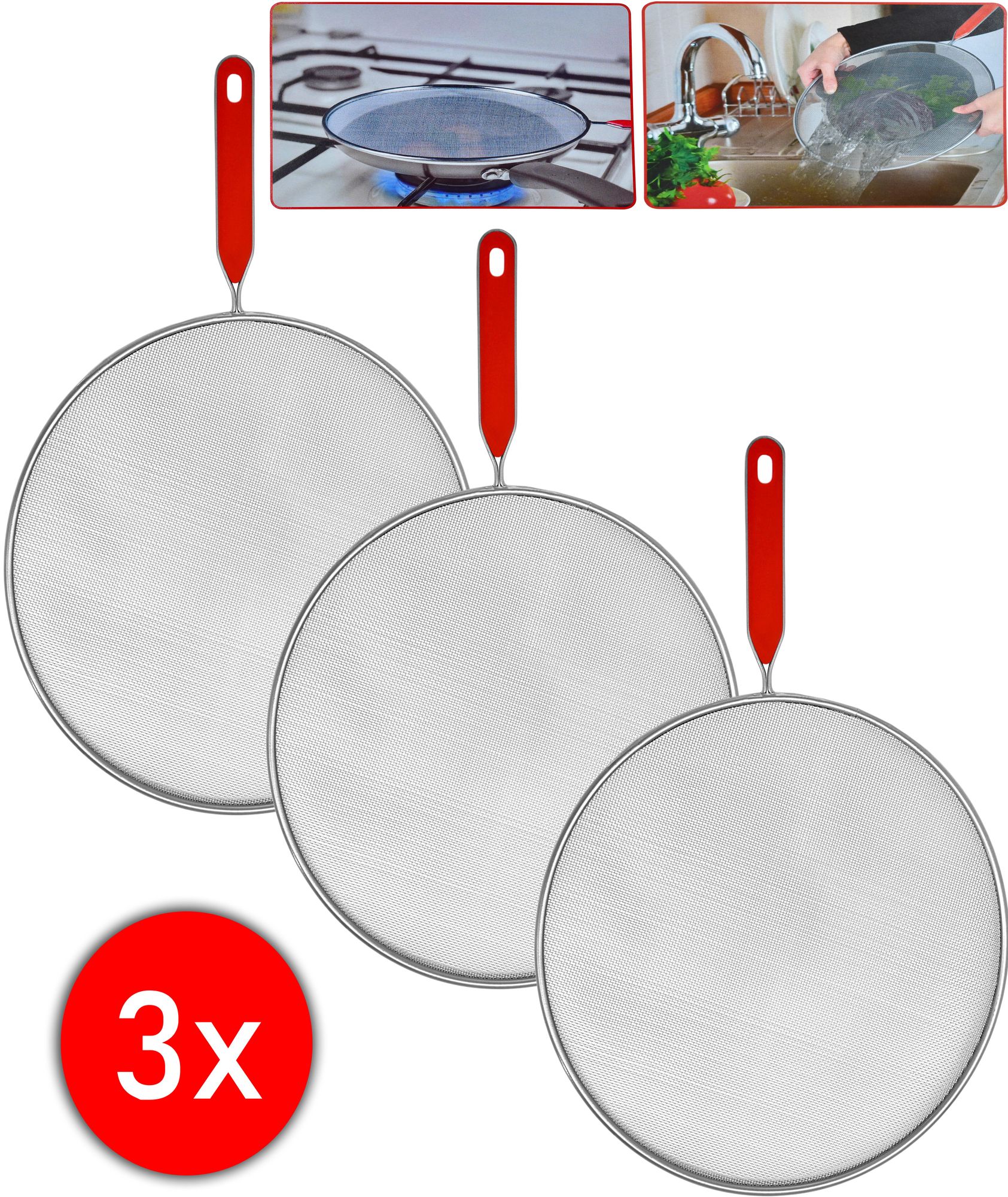 3er Set Pfannenspritzschutz Ø 29 cm – Spritzschutzdeckel aus Edelstahl mit Griff – Fettspritzschutz für Pfannen und Töpfe – Spülmaschinenfest