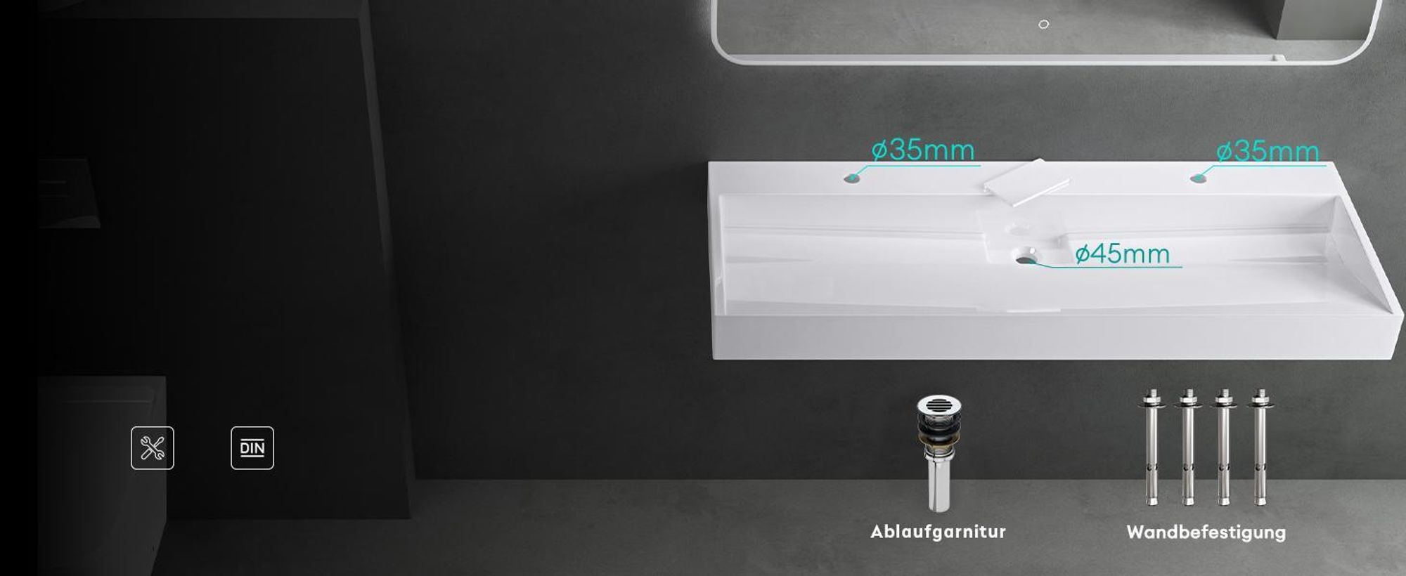 Mai & Mai Waschbecken Aufsatzwaschbecken matt Weiß Hänge-Waschtisch Rechteckig ohne Armaturenloch Breite: 100cm inkl. Ablaufgarnitur Col19