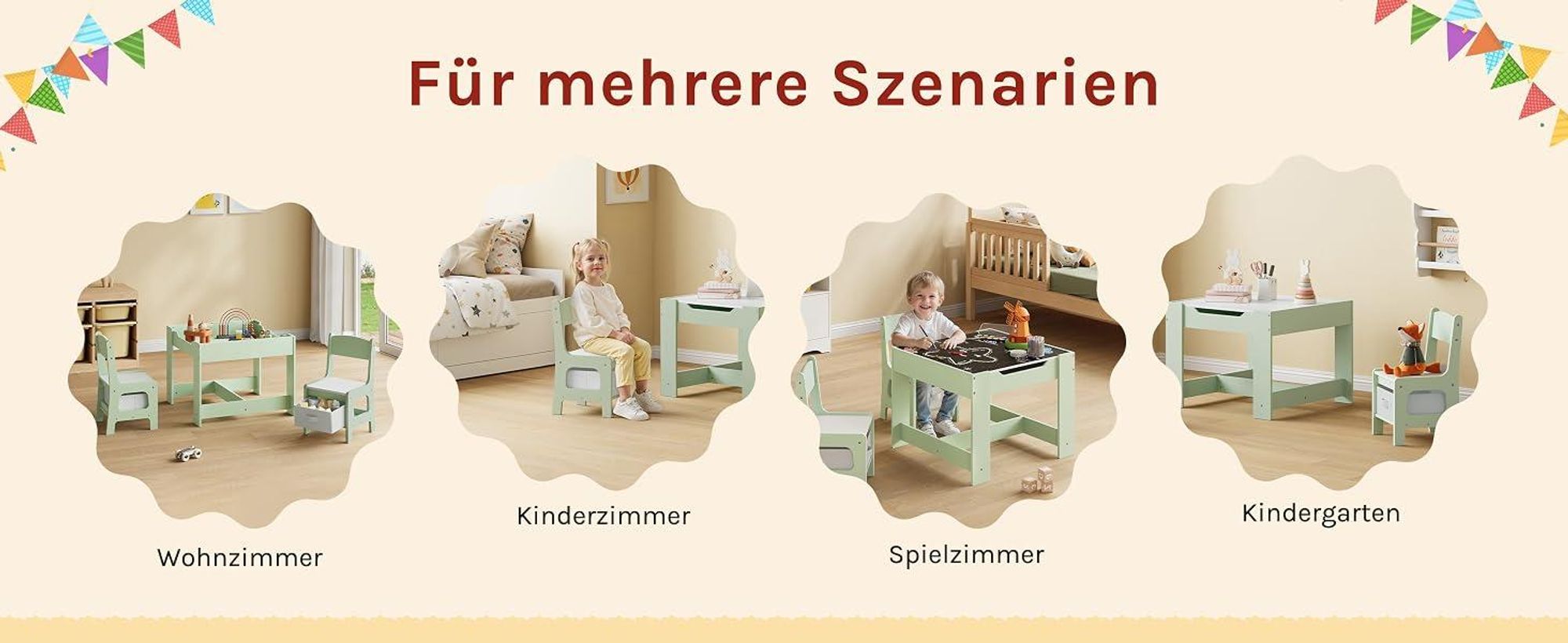 WOLTU Kindertisch mit 2 Stühlen, Kindersitzgruppe mit Stauraum, für Kinder ab 2 Jahren, Grün + Weiß