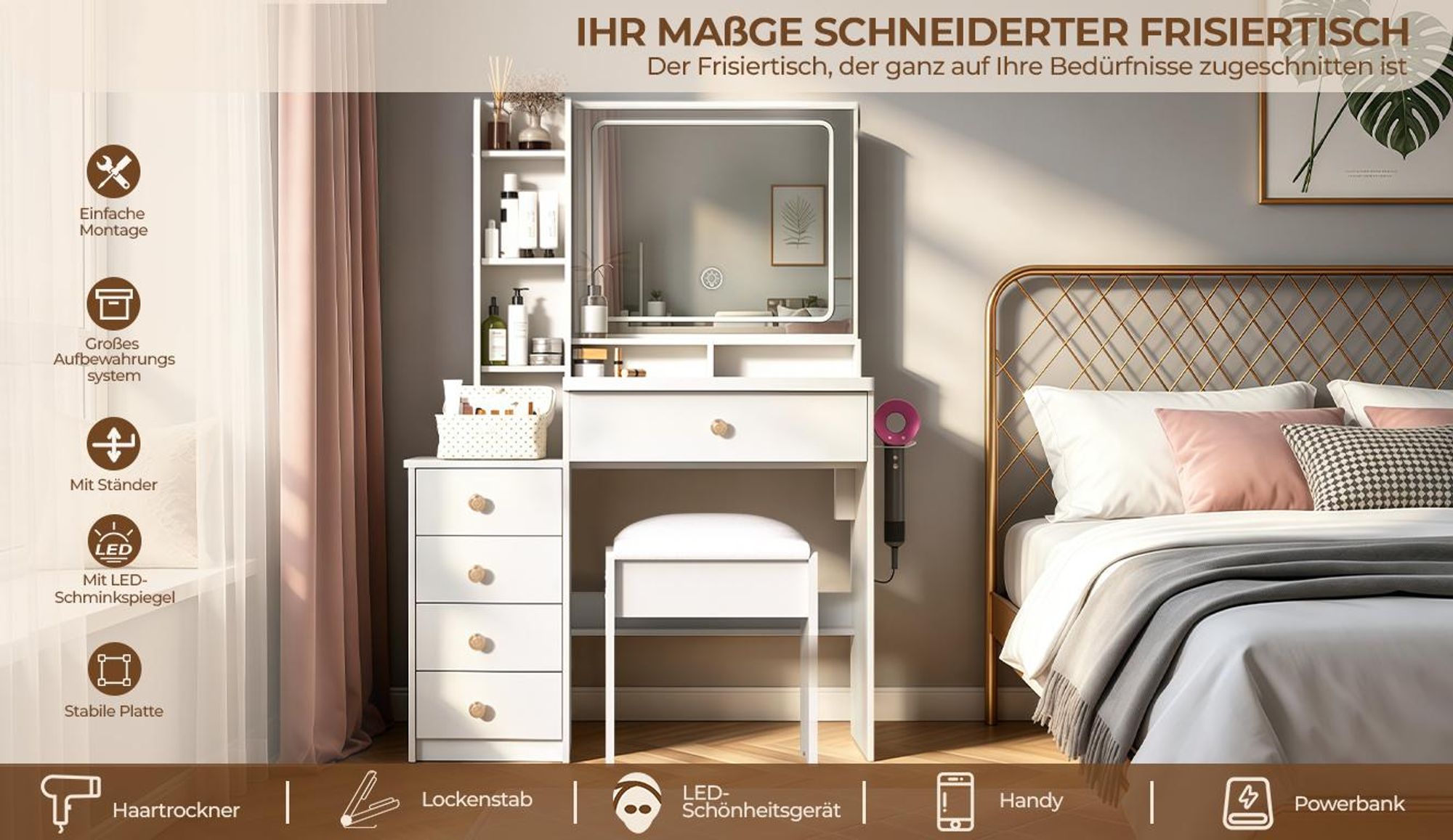 GLIESE Schminktisch mit LED Beleuchtung Spiegel, einstellbare Helligkeit, mit 5 Schubladen, mit 3 Beleuchtungmodi und gepolstertem Hocker, Weiß
