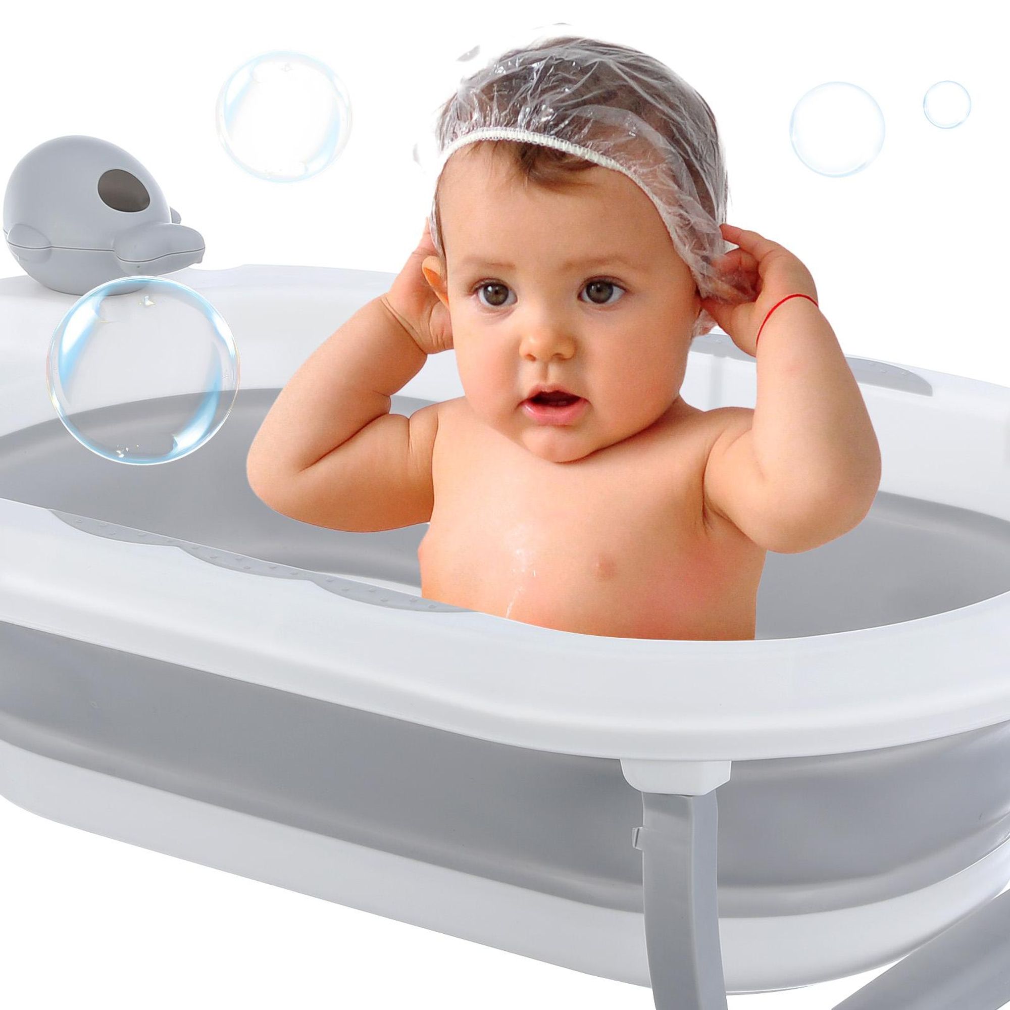 OYAJIA Babybadewanne Faltbar 81 cm Grau mit Thermometer und Badekissen – Babywanne für 0-2 Jahre Neugeborene sicher