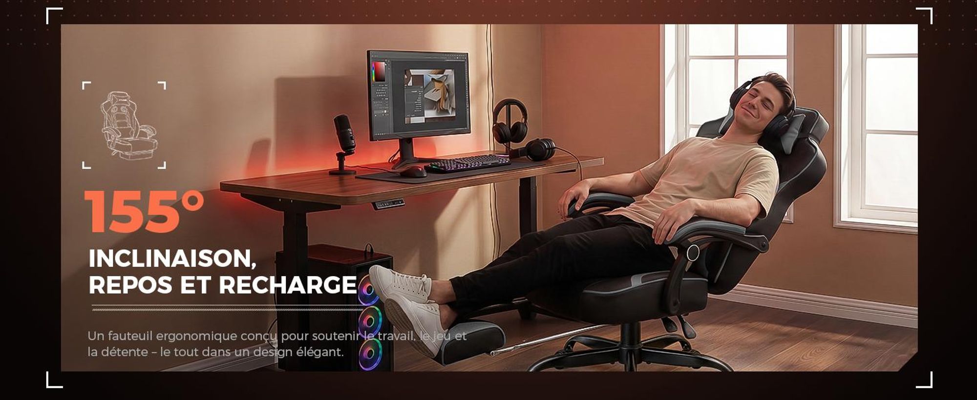 GTPLAYER Gaming stoel met voetsteun, ergonomische bureaustoel met een draagvermogen van 150 kg, gaming fauteuil met lendensteun en hoofdsteun, verstelbare computerstoel