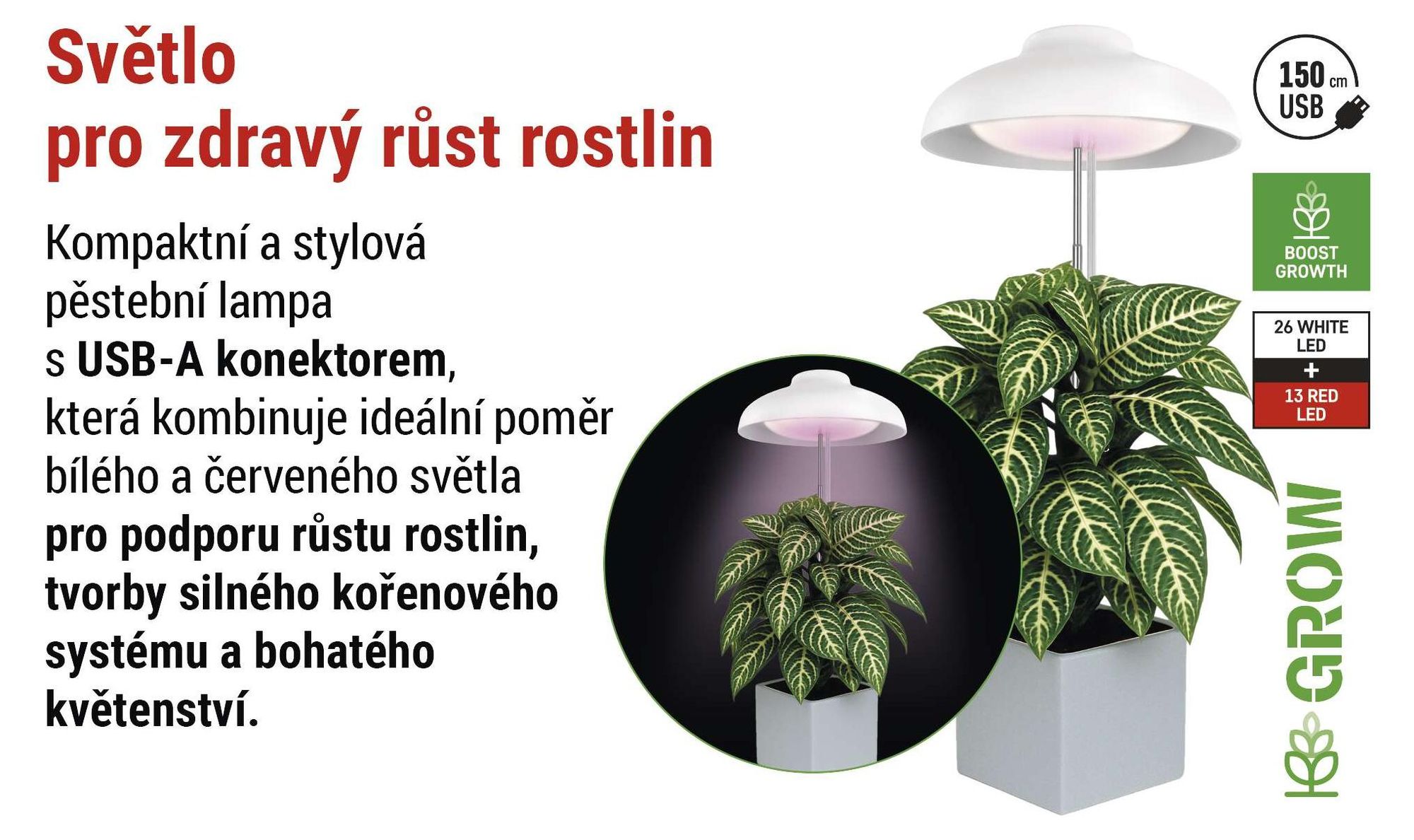 EMOS LED pěstební lampa pro pokojové rostliny a sukulenty, v designu stínidla s časovačem, výškově nastavitelná, 235 lm, 1,5 m USB kabel, Z7901