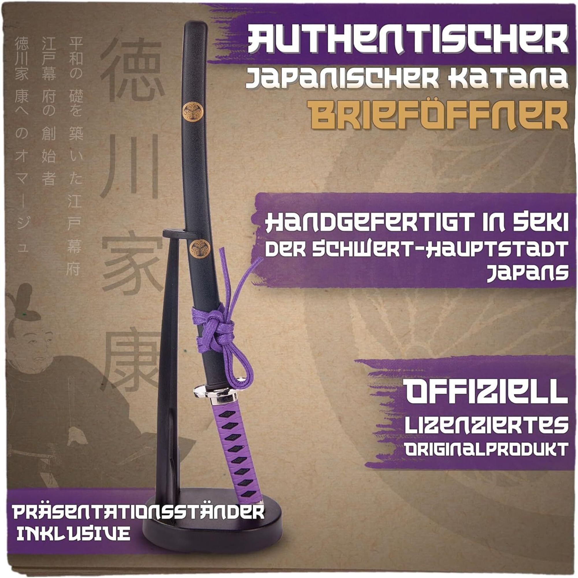Brieföffner Schwert – Mini Katana 20 cm – Echt scharf – Japanische Schmiedekunst aus Stahl – Handarbeit mit Ständer – Elegantes Samuraischwert