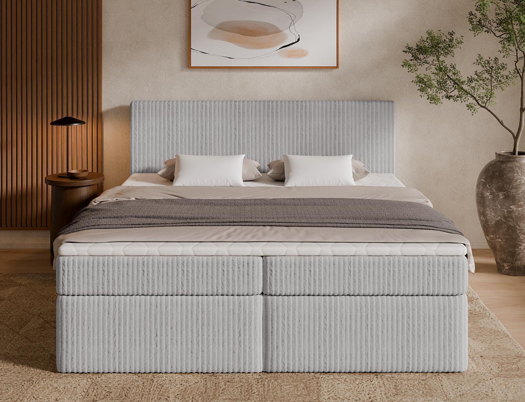 Boxspringbett TILIA ONE in Grau mit Bettkasten und hohem Kopfteil im modernen Schlafzimmer