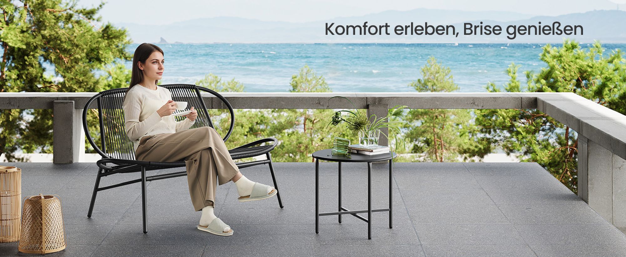 Songmics Gartenlounge-Set, Gartenbank, 2-Sitzer, Balkonbank, PE-Rattan, mit Rückenlehne