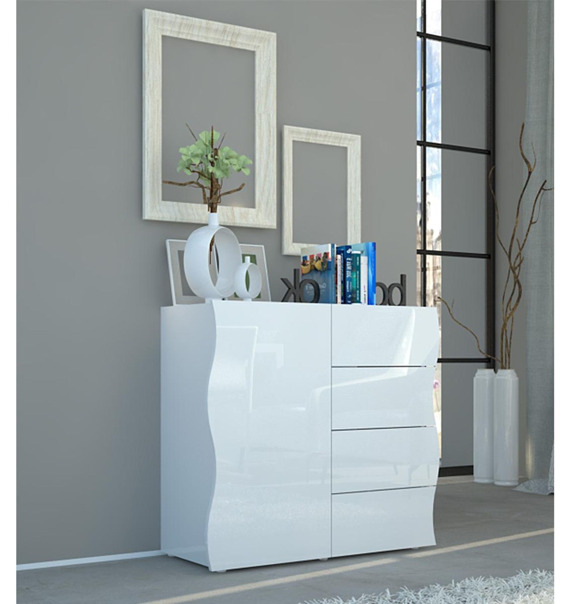Onda Highboard – Modernes Sideboard mit Schubkästen & Tür in Weiß-Hochglanz