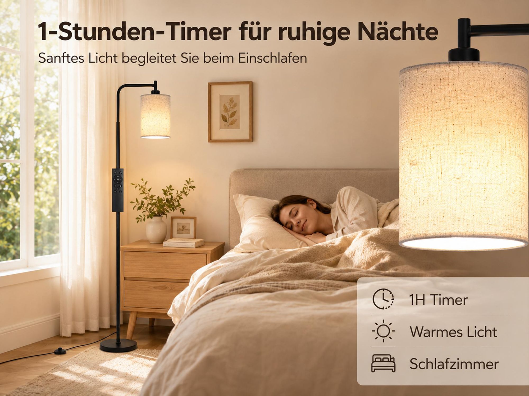 LED Stehlampe Schwarz Fernbedienung, 3000-6500K, dimmbar 20-100%, 12W Leseleuchte mit Lampenschirm, Moderne Ecklampe für Wohnzimmer/Schlafzimmer/Büro