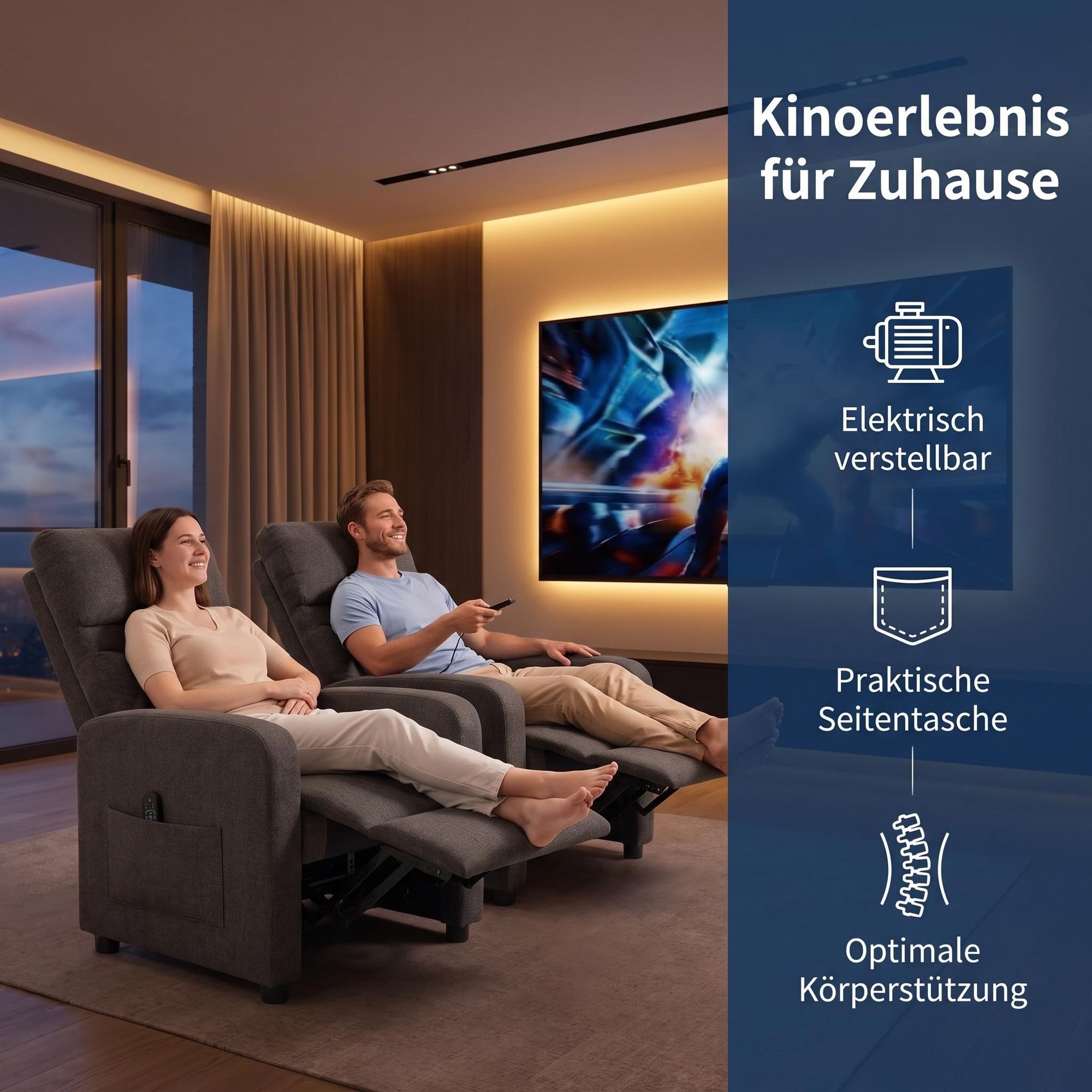 Elektrischer Relaxsessel mit Massage, Fernsehsessel Elektrisch mit Liegefunktion, TV Sessel Elektrisch, Liegesessel 90°–150° verstellbar, Wohnzim