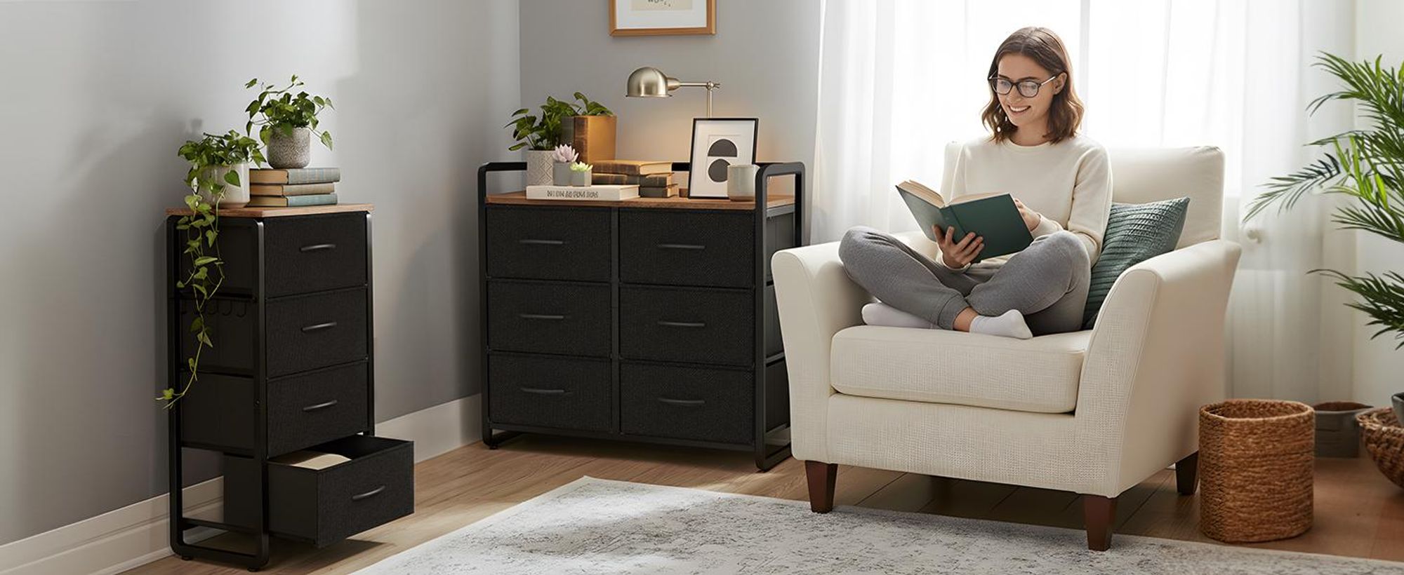 HOKEEPER Kommode, Sideboard mit 4 Stoffschubladen, Schmaler Aufbewahrungs Schrank aus Metall & Holz - Stabile, Chest of Drawers für Wohnzimmer