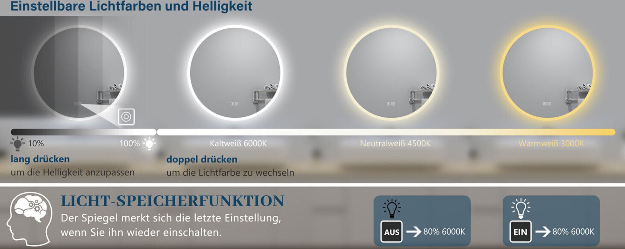 AICA Runder LED Badspiegel 70cm Badezimmerspiegel mit Touchschalter Anti-Beschlag Bluetooth 3 Lichfarbe Dimmbar Memory-Funktion IP44
