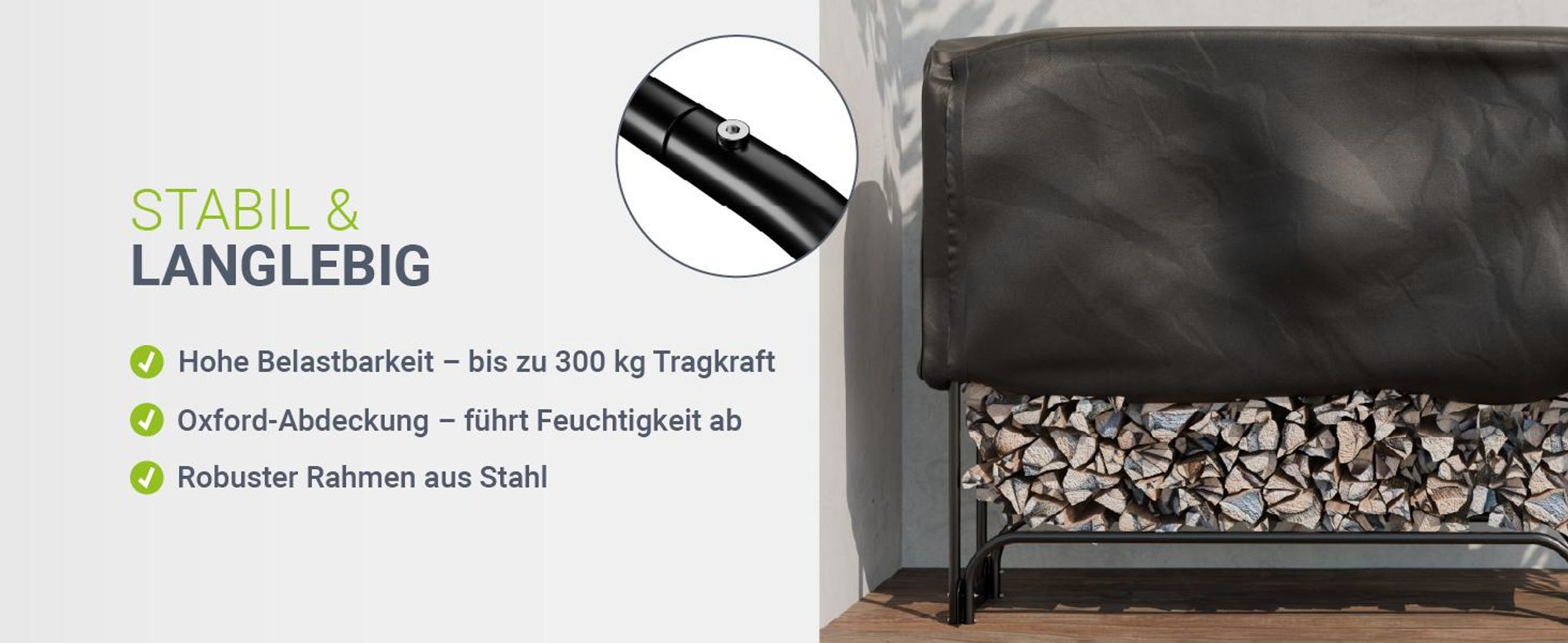 Juskys Kaminholzregal L 260x117x36 cm, außen aus Metall mit Abdeckungung, Feuerholzregal
