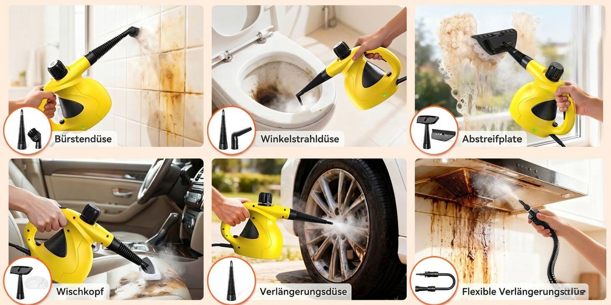 Dampfreiniger 1400W 4 Druckleisten Tragbarer Handdampfreiniger mit 9 Zubehörteilen Haushaltsdampfreiniger mit 0,4L Wassertank für Küche, Bad, Auto