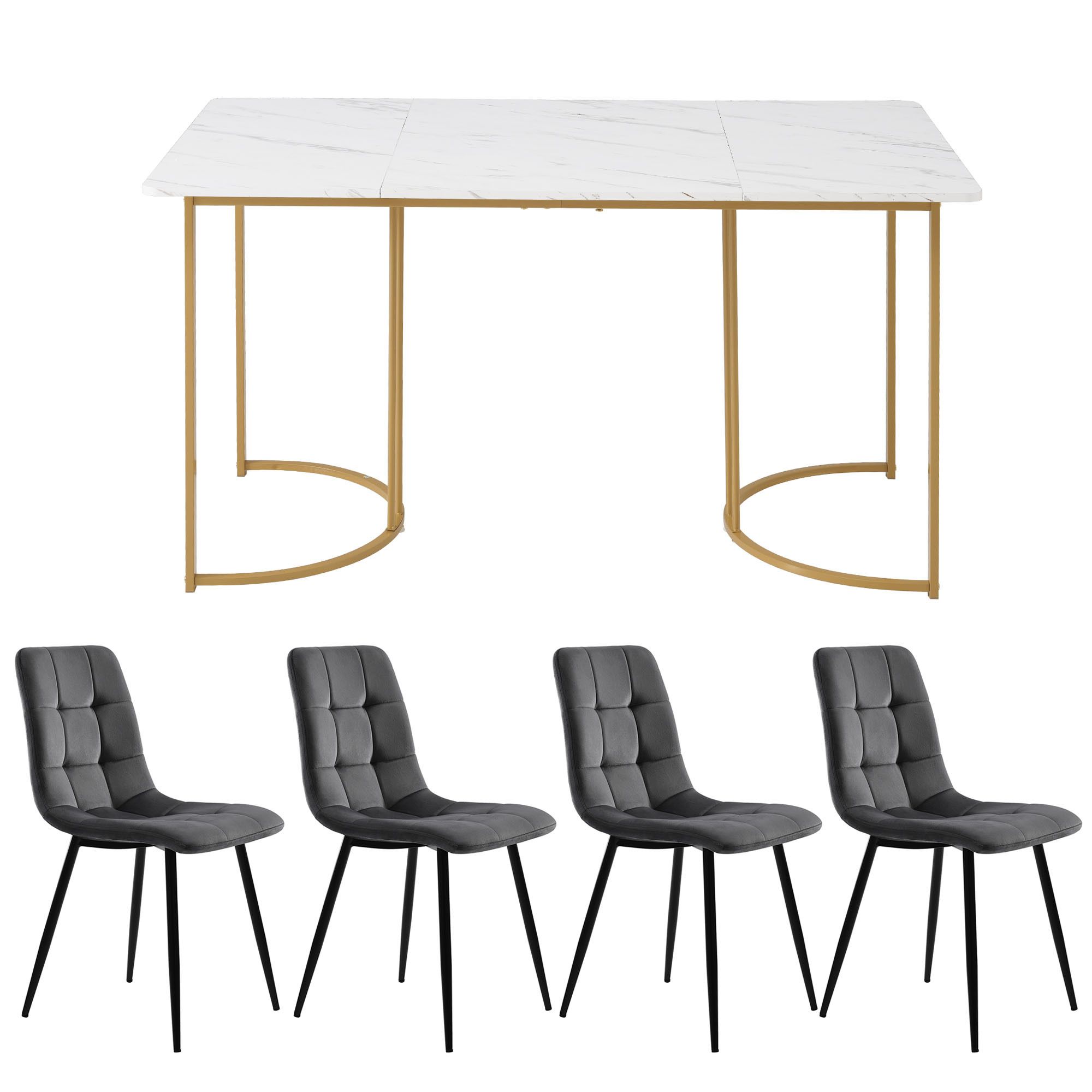 Flieks Essgruppe Esstisch mit 4 Esszimmerstuhl, Sitzgruppe Küchentischset 5tlg., Küchentisch mit 4 Esszimmerstuhl, Stuhl mit Samtbezug, Grau Gold