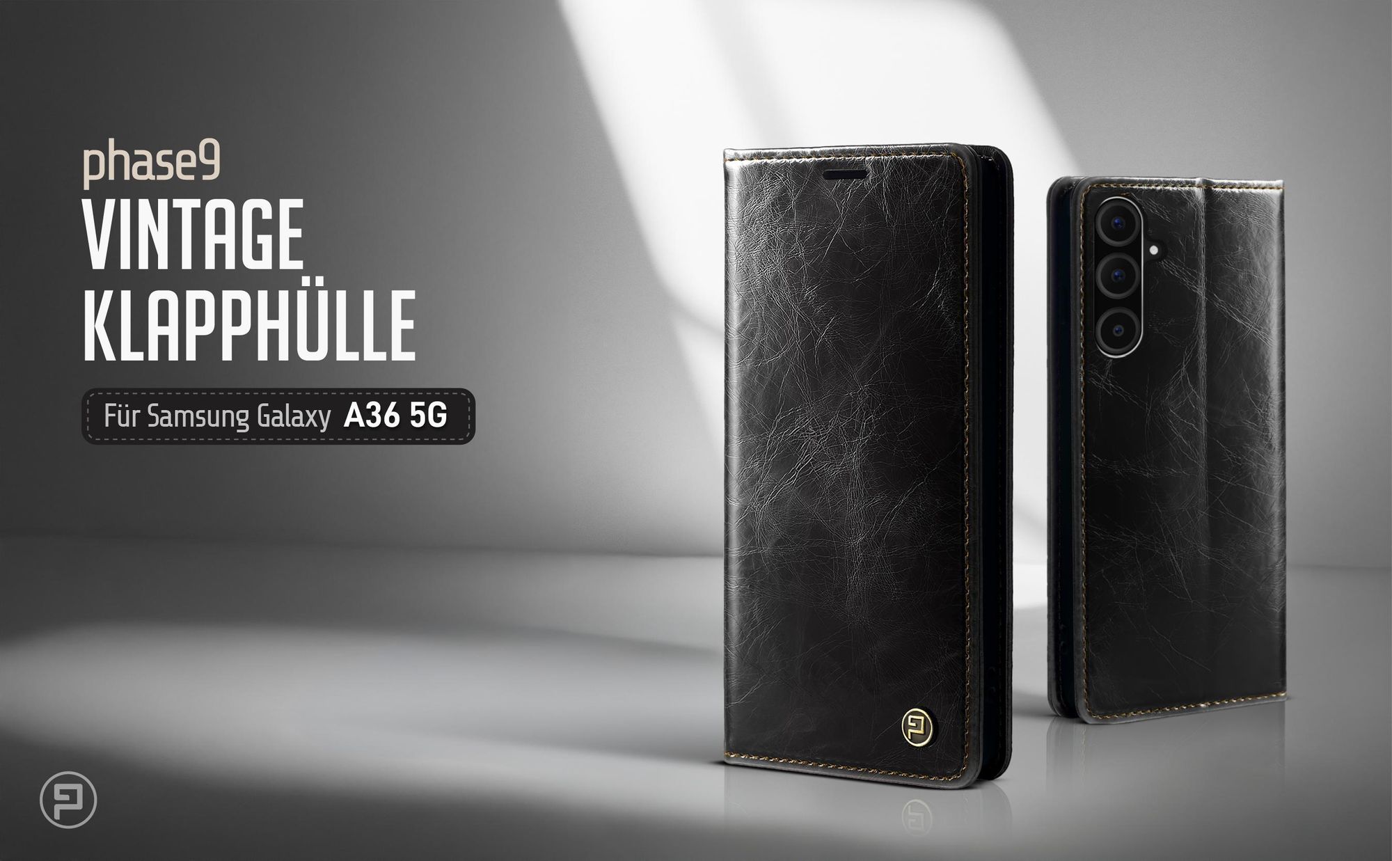 Schwarze Klapphülle für Samsung Galaxy A36 5G im klassischen Vintage Look