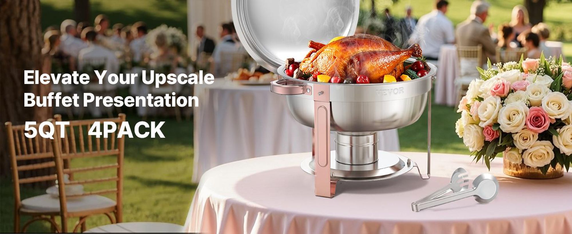 VEVOR Warmhalteteller Buffet Set, 5 Qt 4er Pack, Edelstahl Chafing Dish mit 4 Vollformat-Pfannen, runder Catering-Wärmer mit Deckel, Wasserpfanne, klappbarer Ständer und Clip, für Hochzeiten, Partys, Bankette, Silber, Roségold-4 Stück