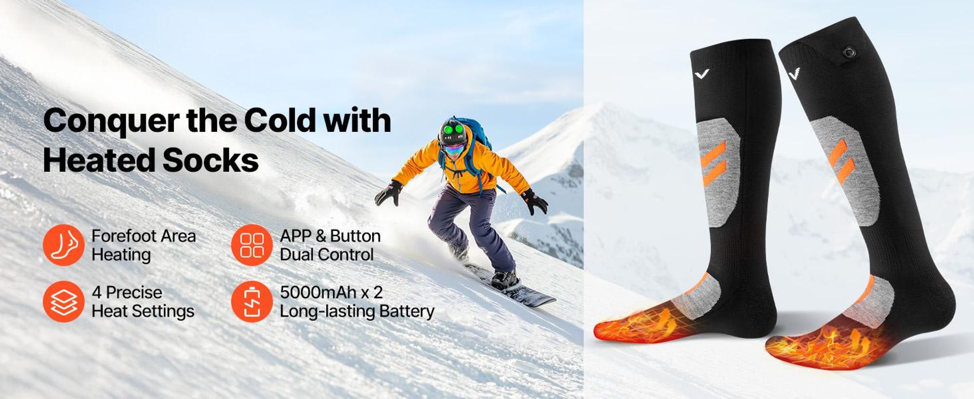 VEVOR Beheizte Socken, Größe XL, 5000 mAh Akku, wiederaufladbare Heizsocken mit 4 Heizstufen & APP-Steuerung, 40–70 ° Fußwärmer für Outdoor, Skifahren, Angeln, Camping, Uni