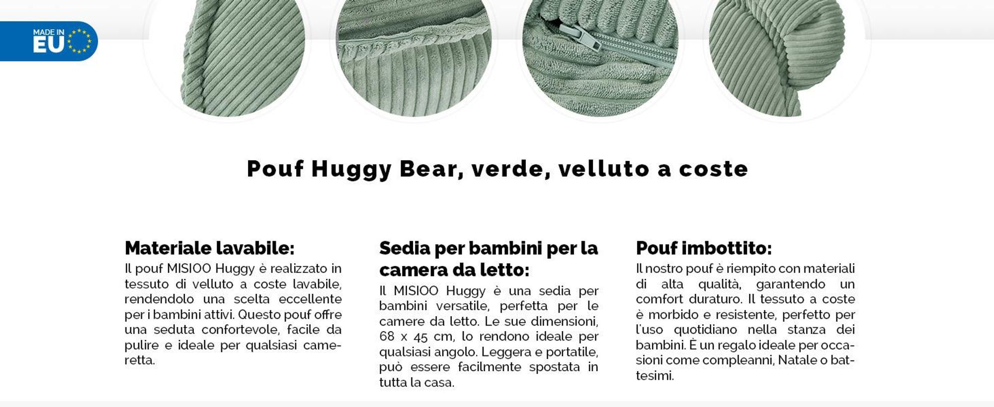MISIOO Beanbag Kids - Lavabile - - Struttura robusta e morbida - Materiale in corda - 68x45 cm - Perfetto per la stanza dei bambini - Olive