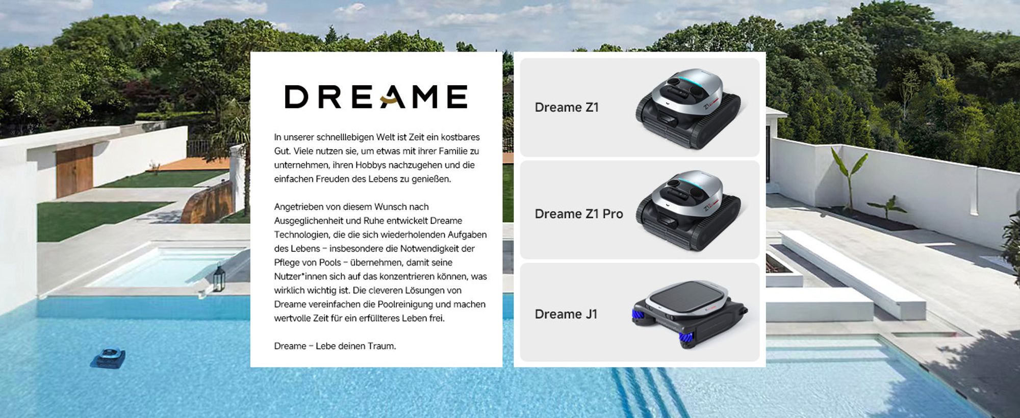 DREAME Poolroboter Z1, Hightech-Poolerkennung & Pfadplanung, hohe Saugleistung, Poolboden, Wand- & Wasserstandslinienreinigung, für Pools bis 180 ㎡