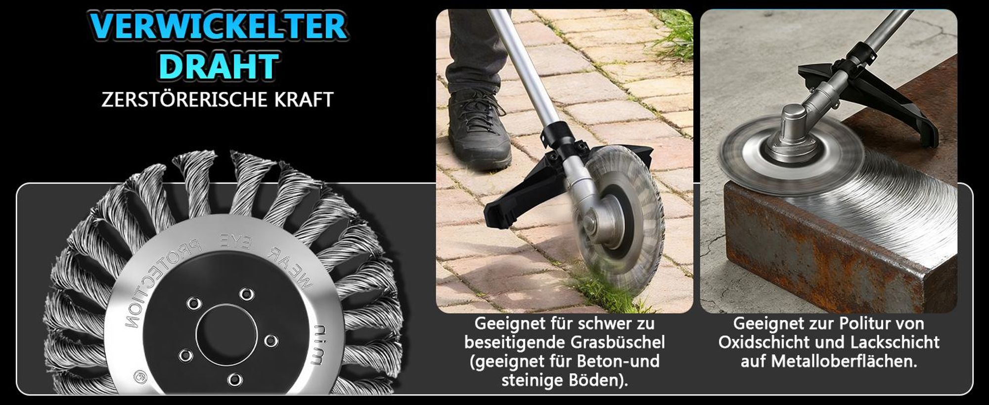 Rasentrimmer Zubehör -⌀150mm Unkrautbürste, ⌀230mm Kreissägeblatt, Bohrung 25,4mm Drahtbürste Stahlbürste Wildkrautbürste für Freischneider Motorsense