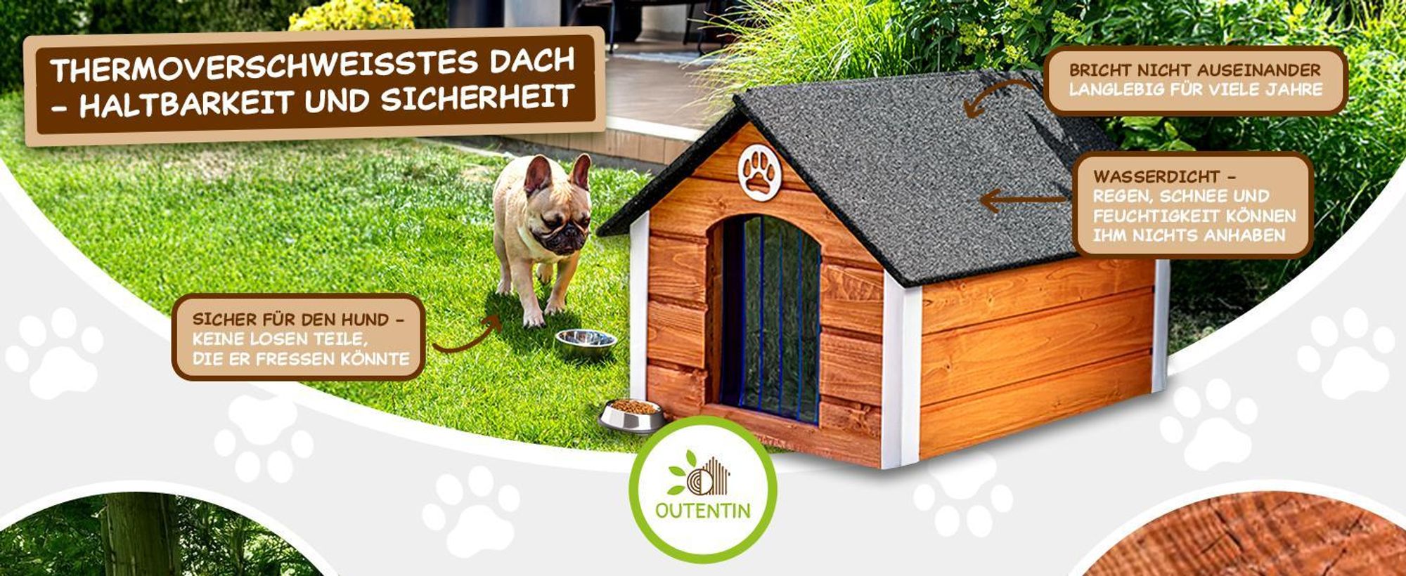 Outentin Hundehütte Outdoor Isoliert für Große Hunde – Winterfestes & Wetterfestes Hundehaus mit Schrägdach –Holz – 103x90x70 cm – Grau