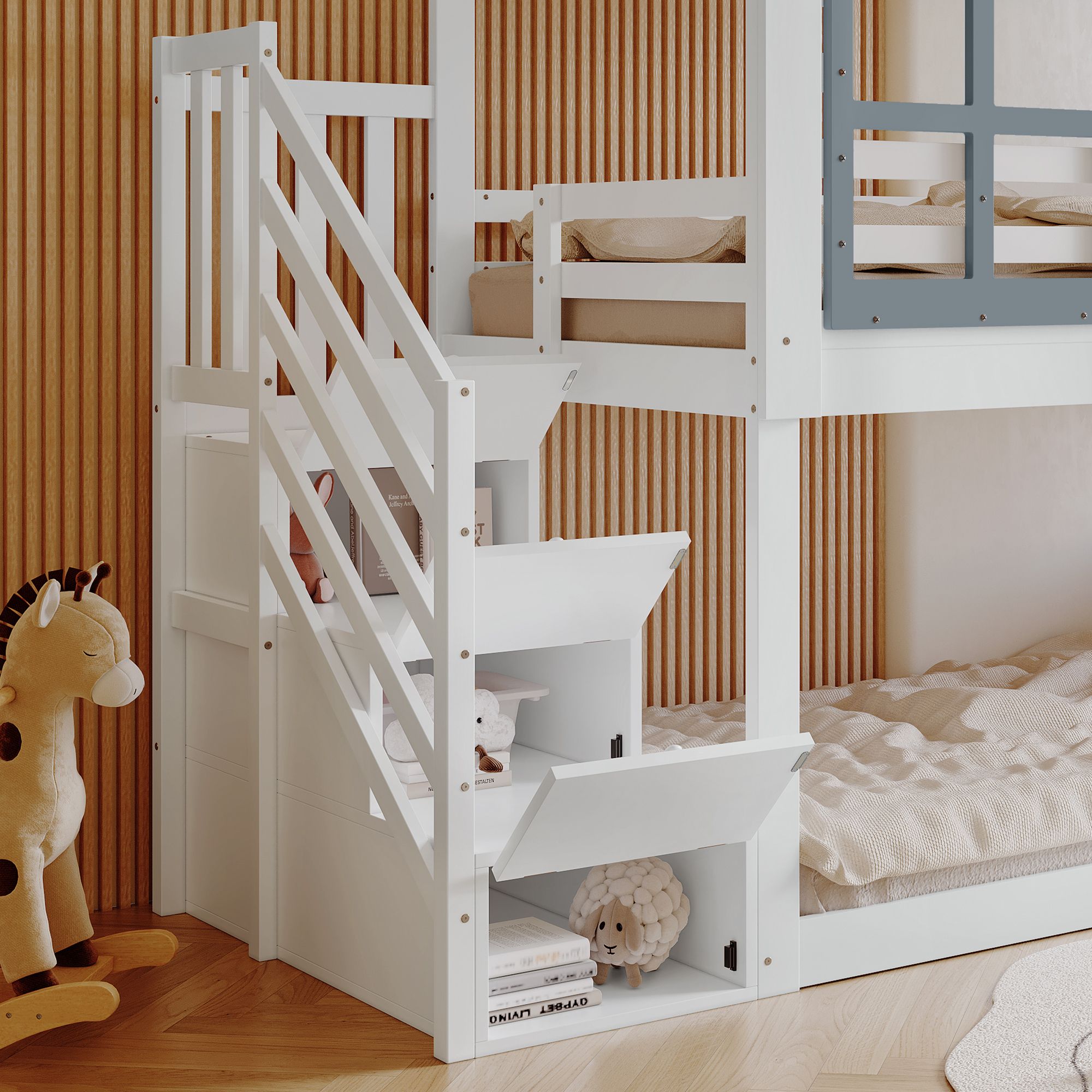 Flieks Etagenbett 90x200cm für 2 Kinder, Kinderbett Hausbett mit Fenster & Dach, Hochbett Stockbett Bodenbett mit Rausfallschutz und Lattenrost, Weiß