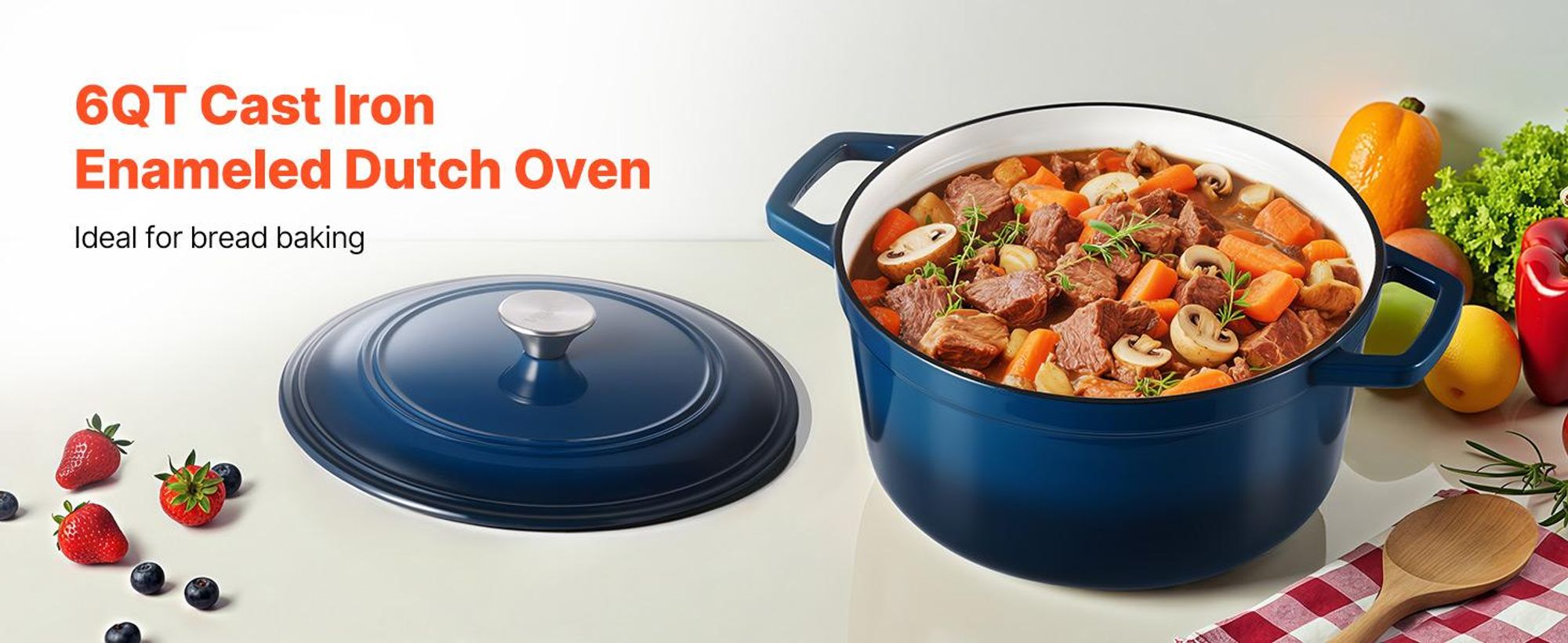 VEVOR Emaille Gusseisen Bräter, 5,7L Topf mit Deckel und zwei Griffen, strapazierfähige Kochpfanne, ofeninduktionsgeeignet bis 260 ℃, zum Schmoren, Eintöpfe, Braten, Brotbacken, Rot, Blau-5.68 L