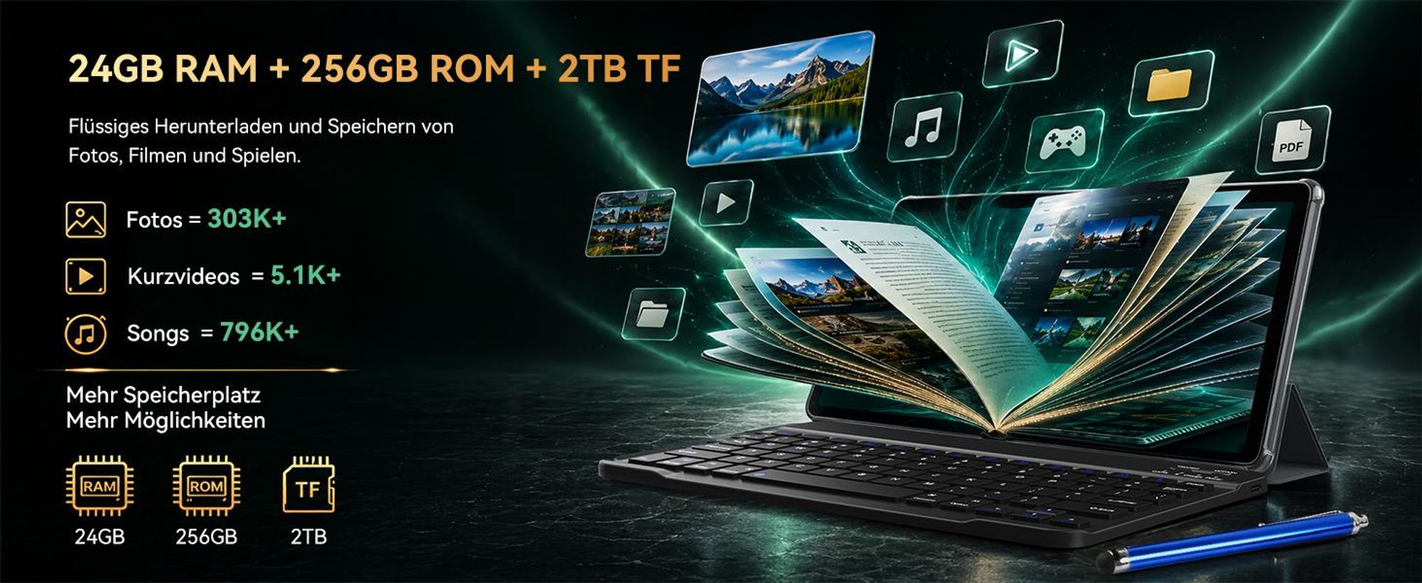 BESTTAB T20 10.1'' Android 16 Set Tablet, 24GB(8+16GB Erweiterbar) RAM+256GB ROM(2TB TF), mit Hülle/Stift/Maus/Tastatur, Widevine L1, 5G WiFi