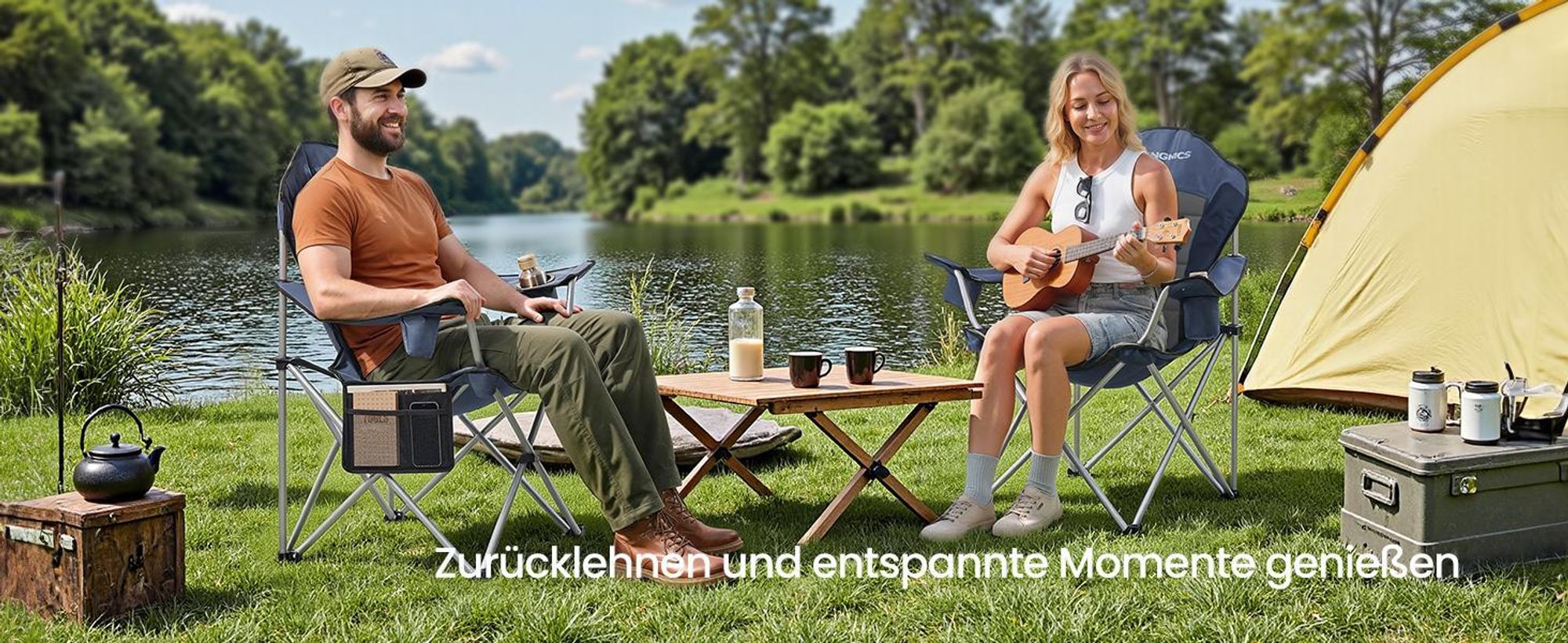 SONGMICS Faltbarer Outdoor-Stuhl, breiter Sitz, hohe Rückenlehne, Getränkehalter, Organizer, tragbar, grün-grau