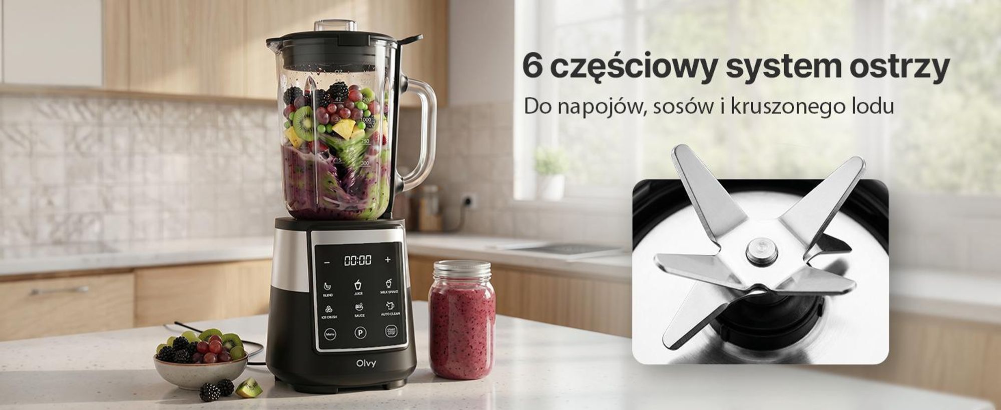 Olvy Blender Pro kielichowy, szklany dzbanek 1,5 l, kubek Tritan 600 ml, ekran dotykowy, Pulse, Auto-Clean, smoothie maker i ice crusher