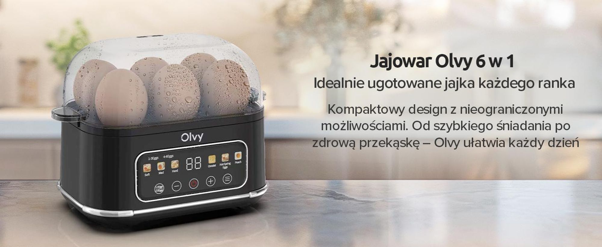 Urządzenie do gotowania jajek Olvy na 1-6 jajek z funkcją omletu i kłusownictwa - zegar LCD, automatyczne wyłączanie, wolne od BPA, łatwe do czyszczenia, elektryczne i kompaktowe