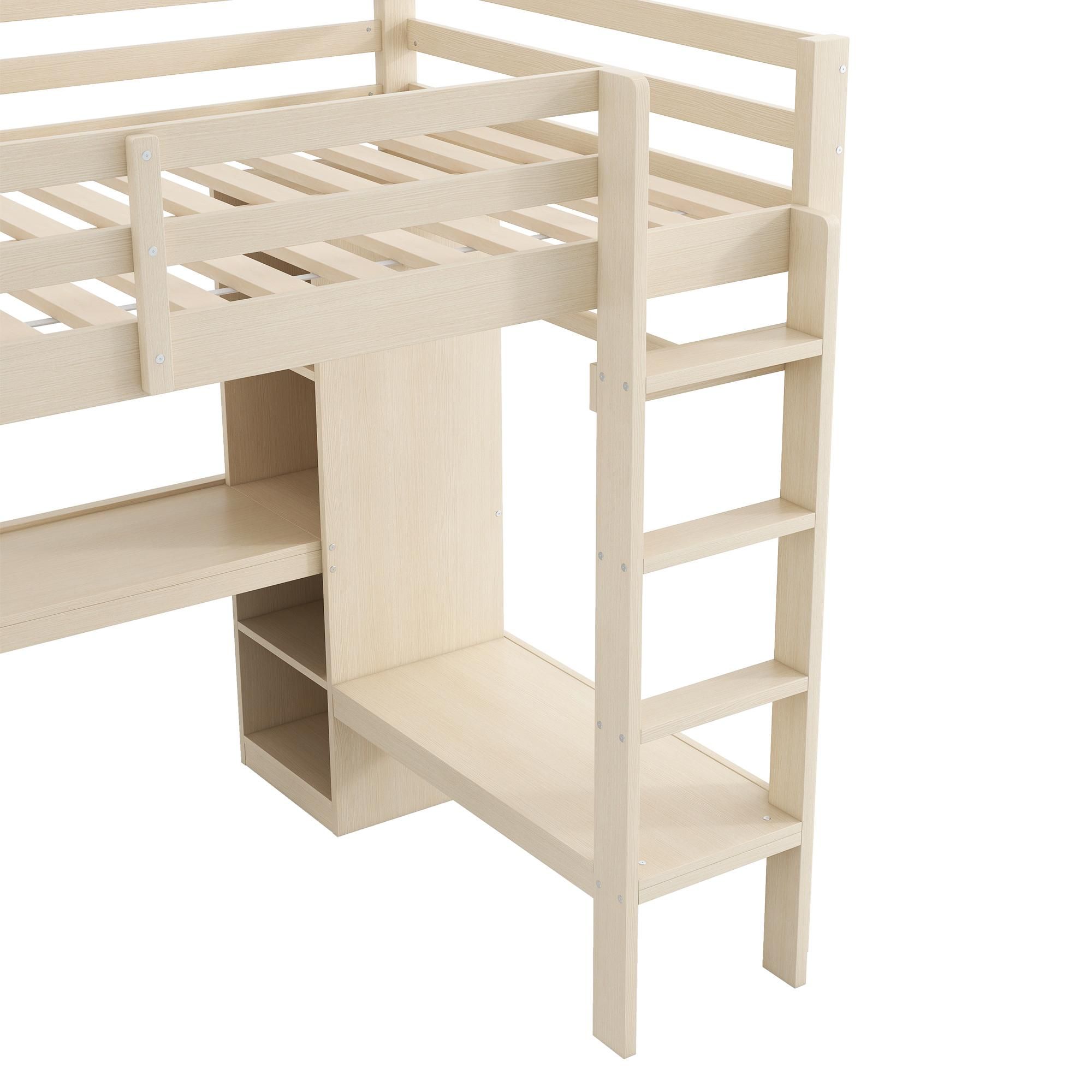 Merax Etagenbett Hochbett 140x200 cm, mit Regalen, Schreibtisch, LED-Licht und USB, Hängebereich, Stockbett aus Holz, Kinderbett, Jugendbett, Natur
