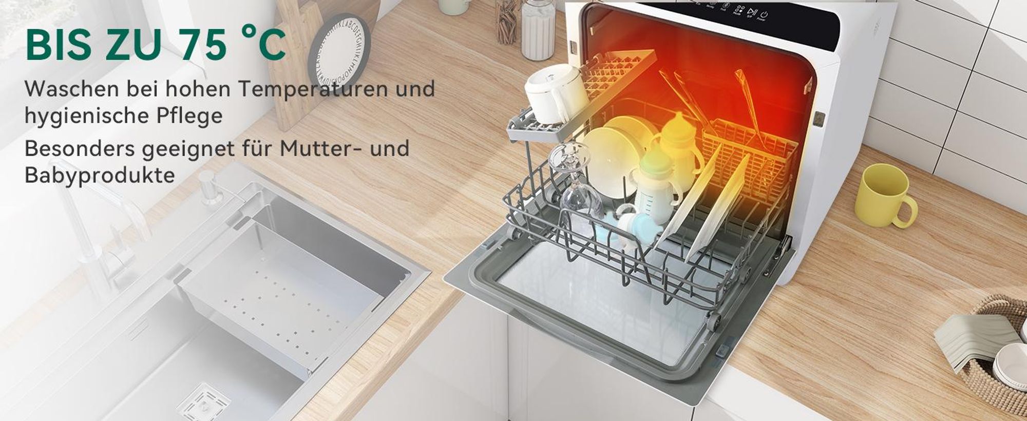 Puluomis Mini Geschirrspüler 45cm freistehend, Geschirrspülmaschine mit mit 5+1 Programe für 3 Gedecke, funktioniert mit/ohne Wasseranschluss, schwarz