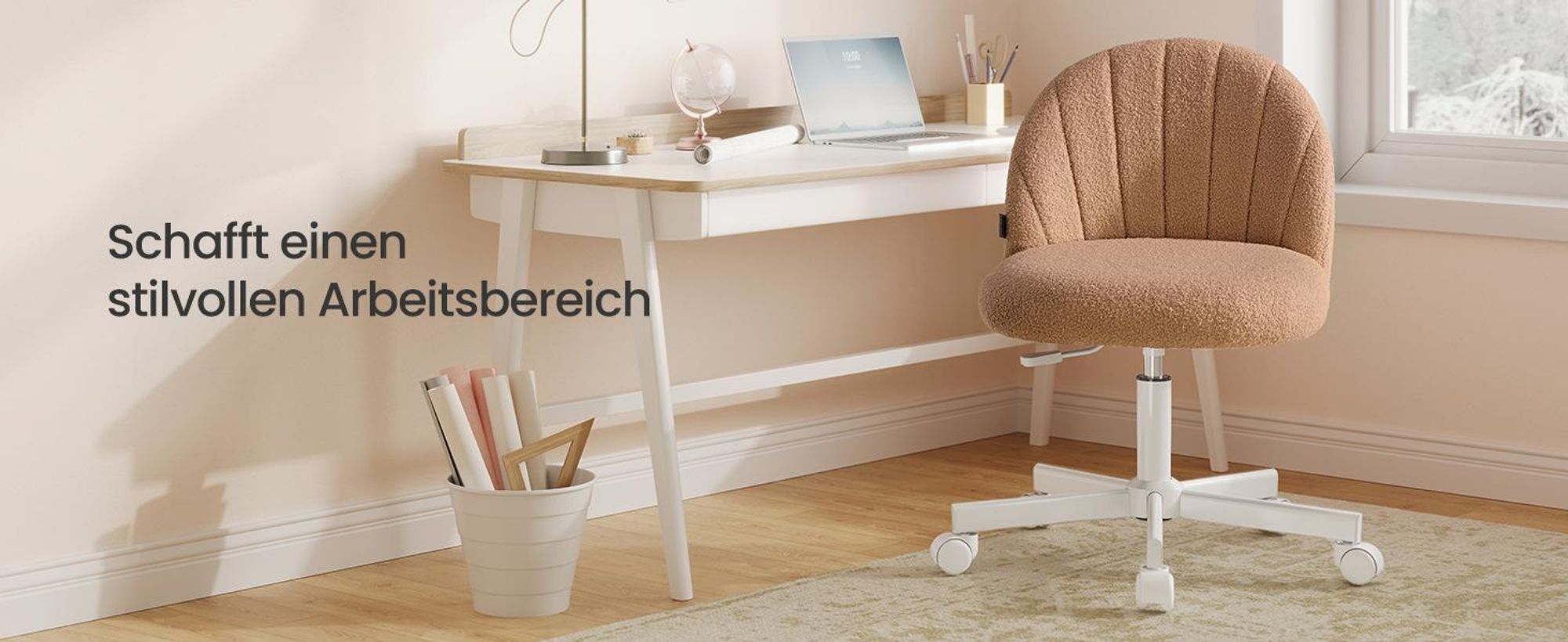 SONGMICS Schminkstuhl, Bürostuhl, Teddy-Fleece-Oberfläche, höhenverstellbar, kompaktes Design, karamellbraun